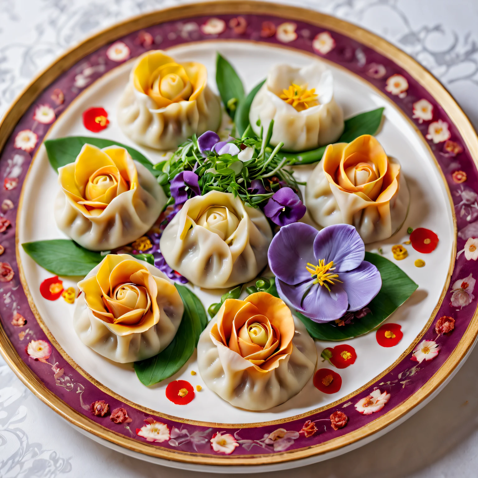 (most exquisite,gourmet,Tasty,artistic:1.2)flower dumplings,colorful edible flowers (such as roses,tulips and violets),handmade dough,Pork and vegetable filling,Dumplings,Served on a rose-patterned porcelain plate,Freshly picked herbs and green onions for garnish,Vibrant and appetizing presentation (artistry:1.1),Natural light emphasizes vibrant colors