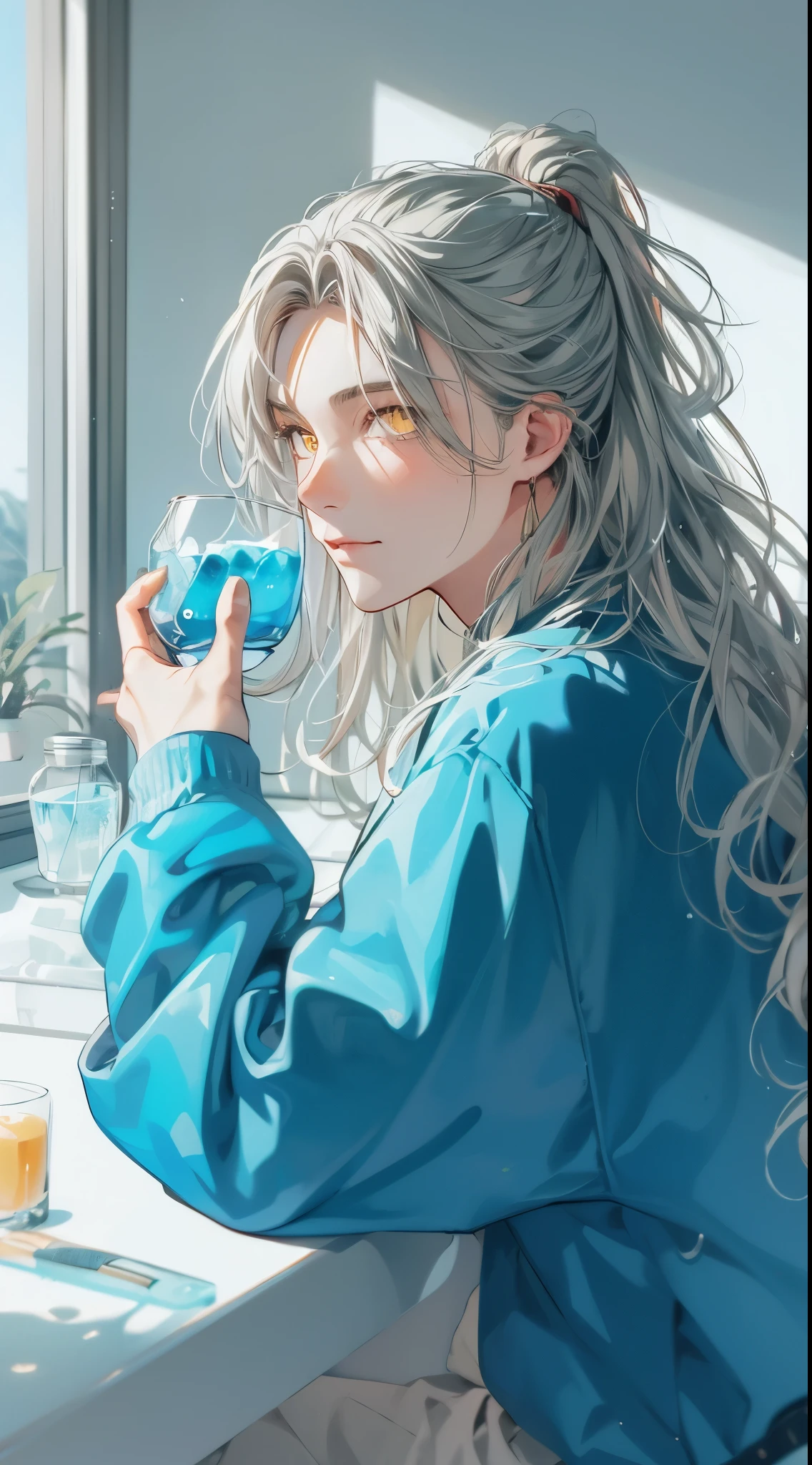 Beautiful young man, white, very long hair, yellow eyes, ponytail, bright blue sweater, sitting on white counter chair, white background, holding glass with blue drink, shadow,high quality, amount of drawing, pixiv illustration