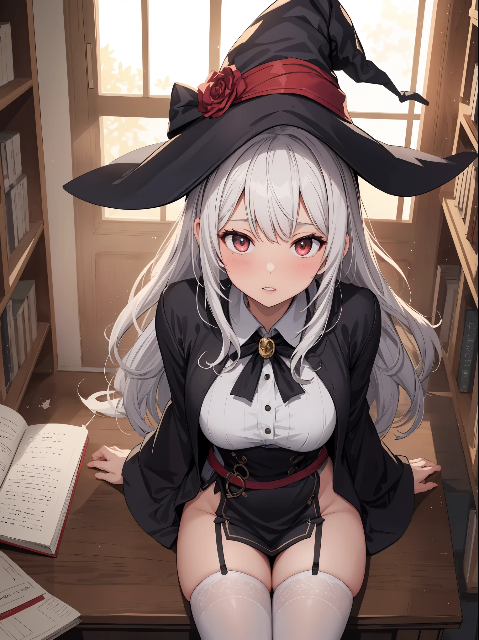 1woman, long hair, white hair, mature, parted lips, blush, sitting, witch hat, witch robe, library,  light rays, glow, stockings, narrow waist, (masterpiece), wallpaper, wide angle, from above