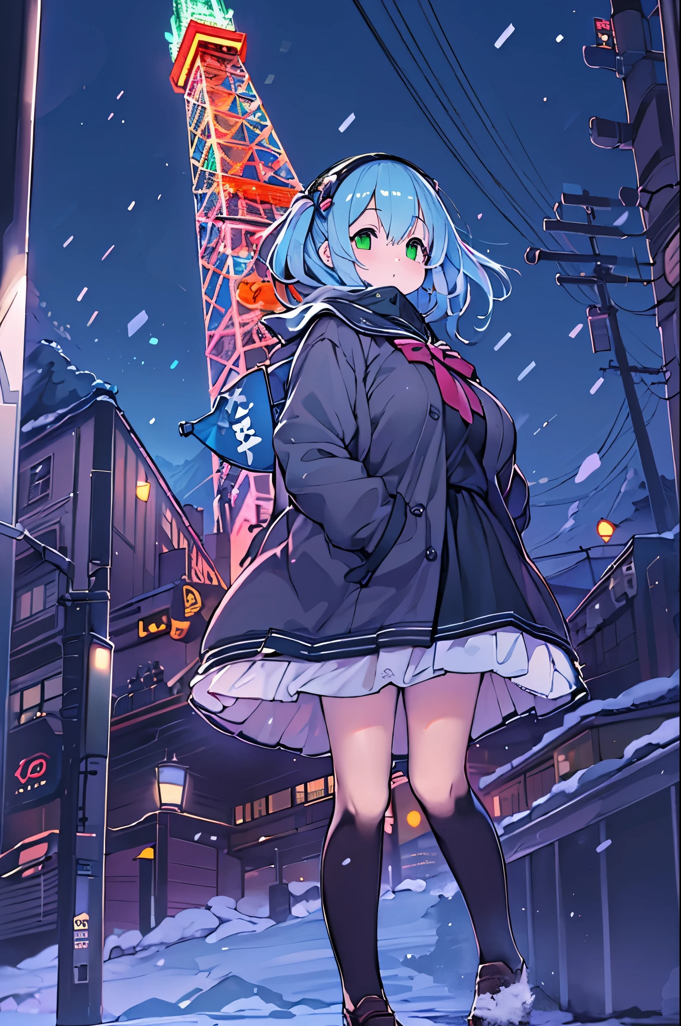 Best Quality,超A high resolution,1girl in,Solo,Full body,Snow,city,, Blue hair,Green eyes,nffsw,School uniform,bbw、Night、Looking up at Tokyo Tower
