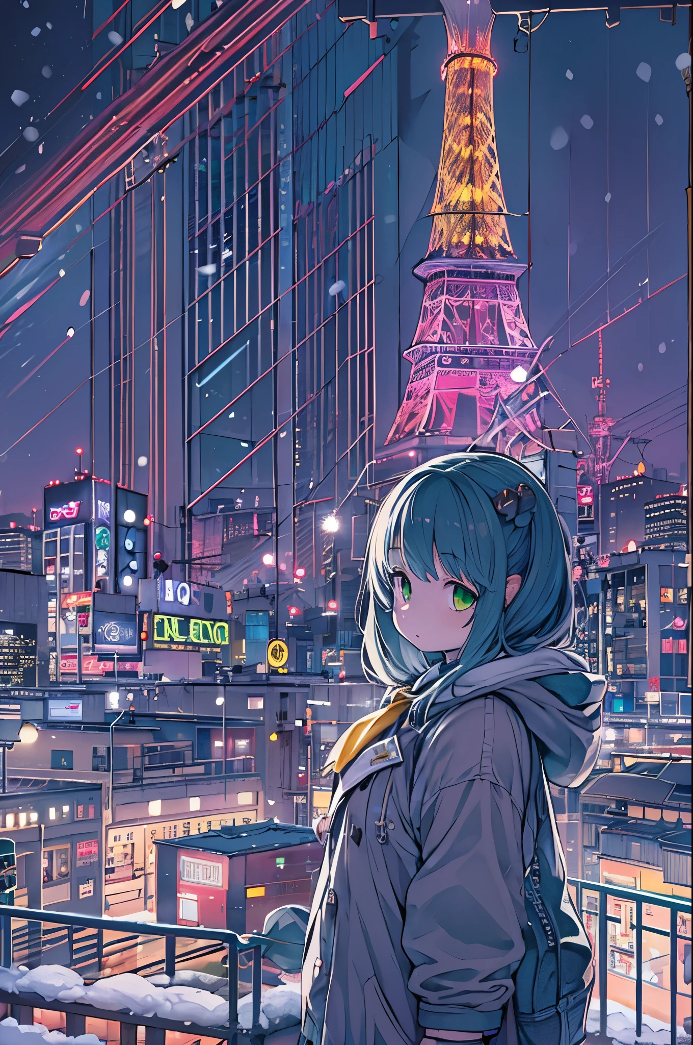 Best Quality,超A high resolution,1girl in,Solo,Full body,Snow,city,, Blue hair,Green eyes,nffsw,School uniform,bbw、Night、Looking up at Tokyo Tower