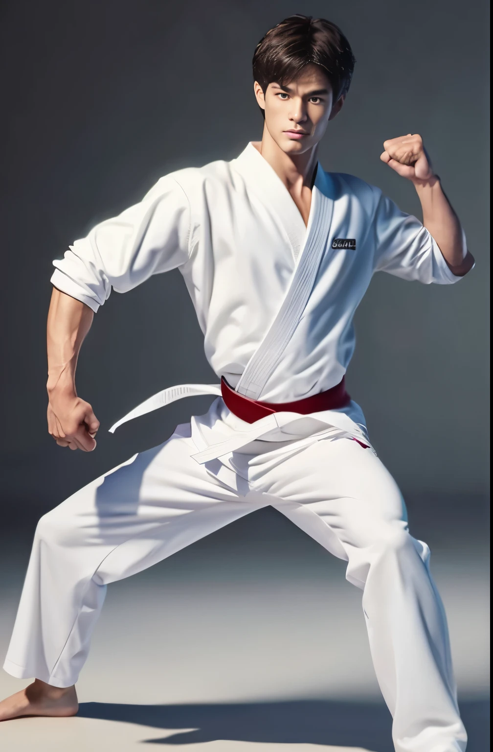 a picture, a handsome, 8k full body portrait of a man, Charming sweet look, Move ki, shorth hair, musculature, clong legs, musculatureの足,, bare-legged, 詳細なmusculatureの体格, a picture, (masterpiece, top-quality, top-quality, Official art), Stick out your fist, Large and dynamic movements, Photorealistic depiction,20yr old, Toned waist, White Karate Uniform, Karate Belt, White karate pants, Accurate depiction of details, Perfect skeleton, Look straight at your audience, sharp gaze