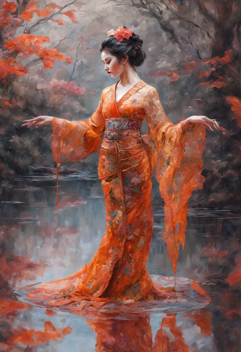 Beautiful geisha in orange lilac red and gold dress made of lace touching a mirrored reflection of herself, lace art, hibiscus pond, bright forest background, dark hair, dark fantasy, intricate details, hyper detailed, Jean Baptiste Monk, Carne Griffiths, Michael Gamash, Seb Mckinnon, masterpiece.