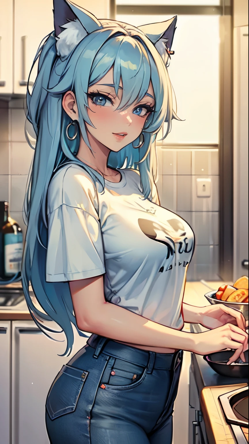 Masterpiece, beautiful art, professional artist, 8k, art style by sciamano240, very detailed face, very detailed hair, 1girl, perfectly drawn body, beautiful face, long hair, light blue hair , very detailed blue vertical cat eyes, pouty lips , rosey cheeks, intricate details in eyes, wearing cozy tshirt, mom jeans, jordans, earrings, wearing a wedding ring, in love with the viewer expression, smiling , in the kitchen preparing a meal, hands on counter, close up on face,
