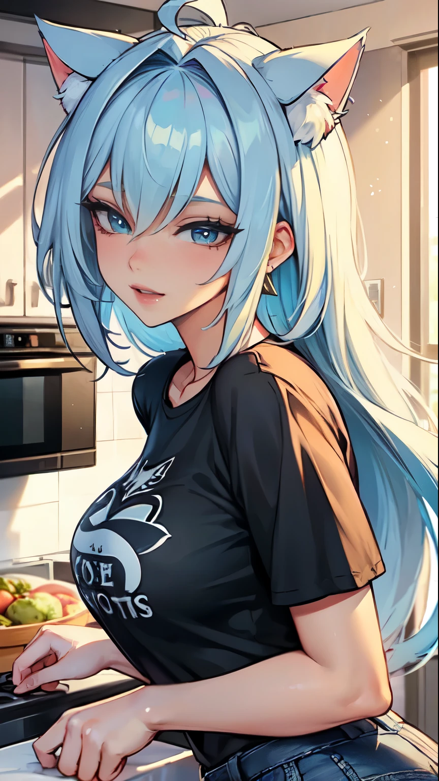 Masterpiece, beautiful art, professional artist, 8k, art style by sciamano240, very detailed face, very detailed hair, 1girl, perfectly drawn body, beautiful face, long hair, light blue hair , very detailed blue vertical cat eyes, pouty lips , rosey cheeks, intricate details in eyes, wearing cozy tshirt, mom jeans, jordans, earrings, wearing a wedding ring, in love with the viewer expression, smiling , in the kitchen preparing a meal, hands on counter, close up on face,