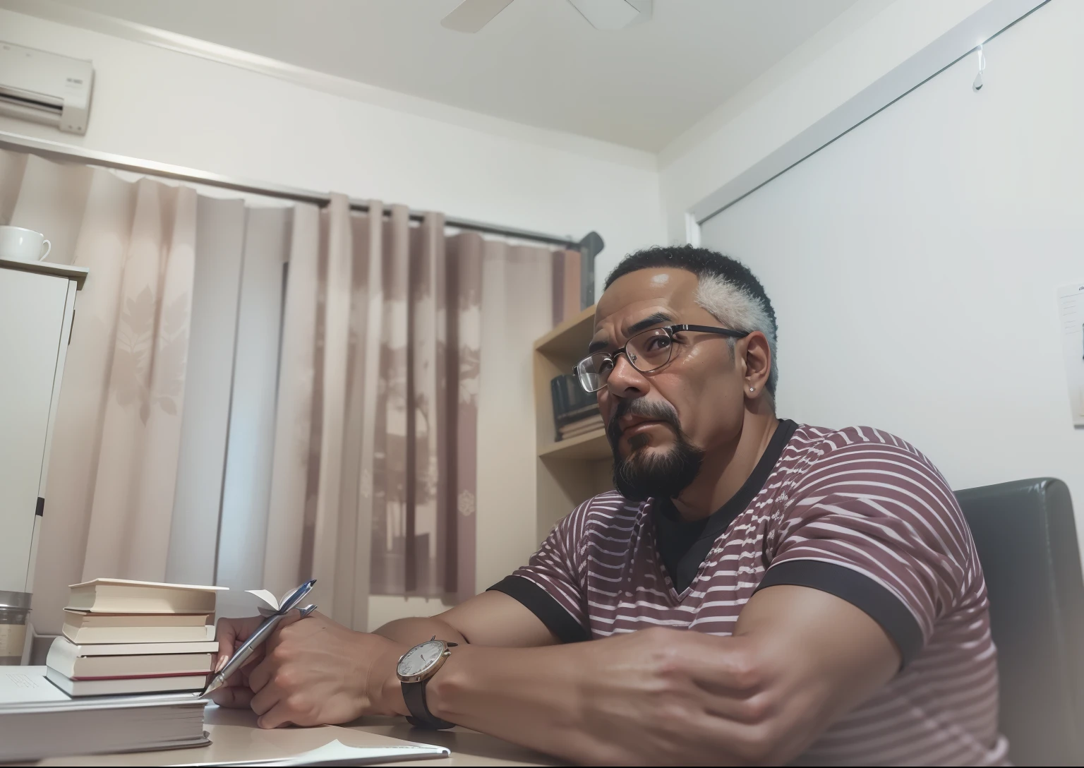 Old man sitting at the table,In front of the window was a book and a pen, warmly lit posh study, studying in a brightly lit room, studyng in bedroom, research, elegant study, Reading a book, reading new book, studious chiaroscuro, Hold the book, writing in journal, cozy candlelight