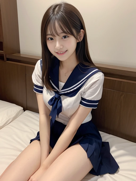 japanes、girl with、1人、sixteen years old、A dark-haired、length hair、poneyTail、high-school uniform、a sailor suit、やぶけた白いa sailor suit、Underwear on bare chest(Ren Hao)is visible、shortsleeves、cleavage of the breast、Dark blue mini skirt、thighs thighs thighs thighs、knee sox、tiny chest、Gentle smile、lightly dressed、Skin revealing、decolletage、unclear