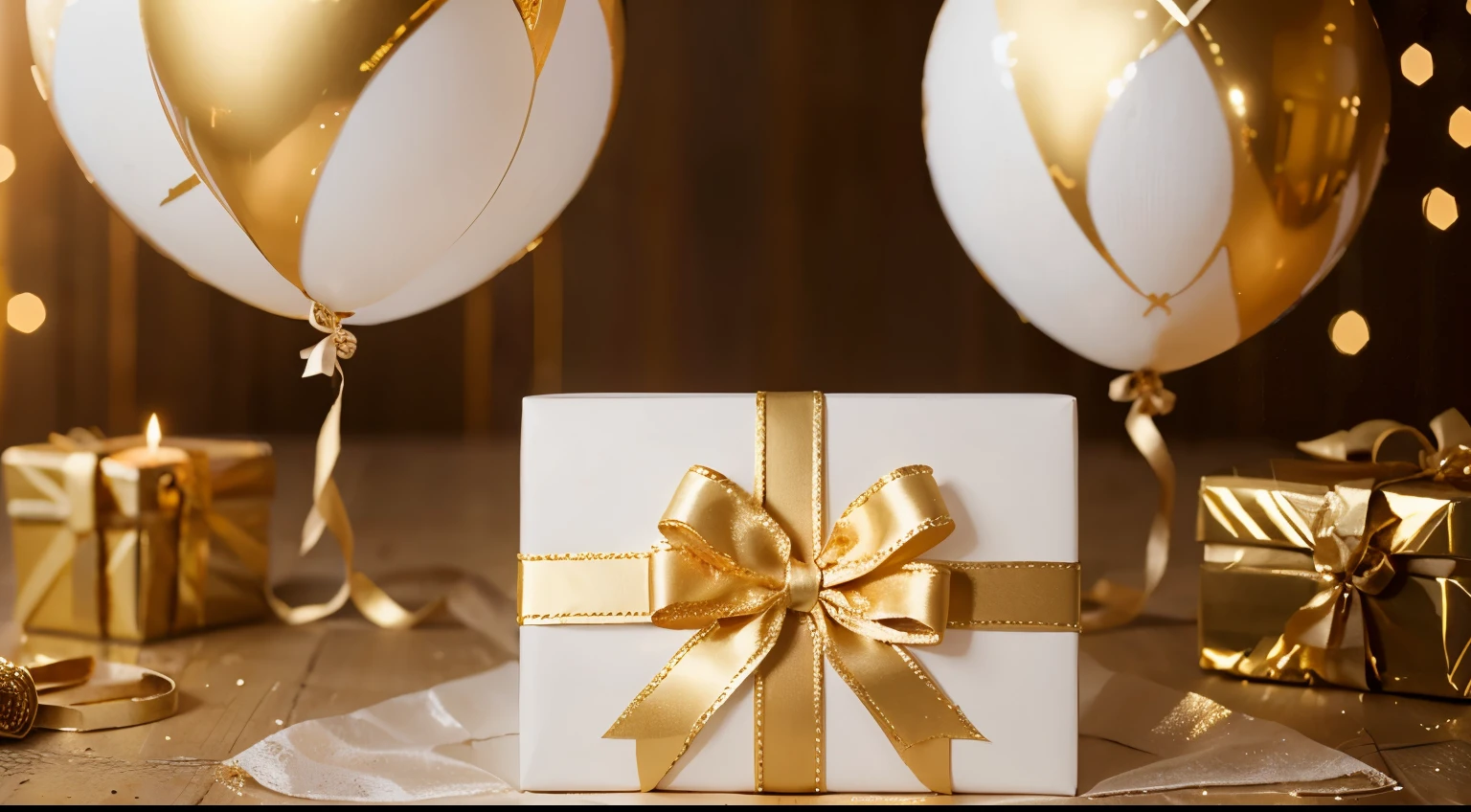 white and gold gift, white gift, wedding gift, luxury, golden ribbon, gold wrapping, bokeh, valentine's day, father's day, mother's day, christmas, birthday gift, fancy present, candles and balloons