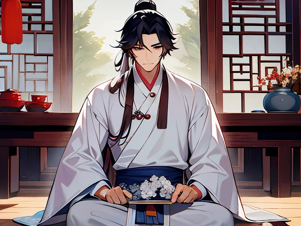 An ancient Chinese style man，long whitr hair