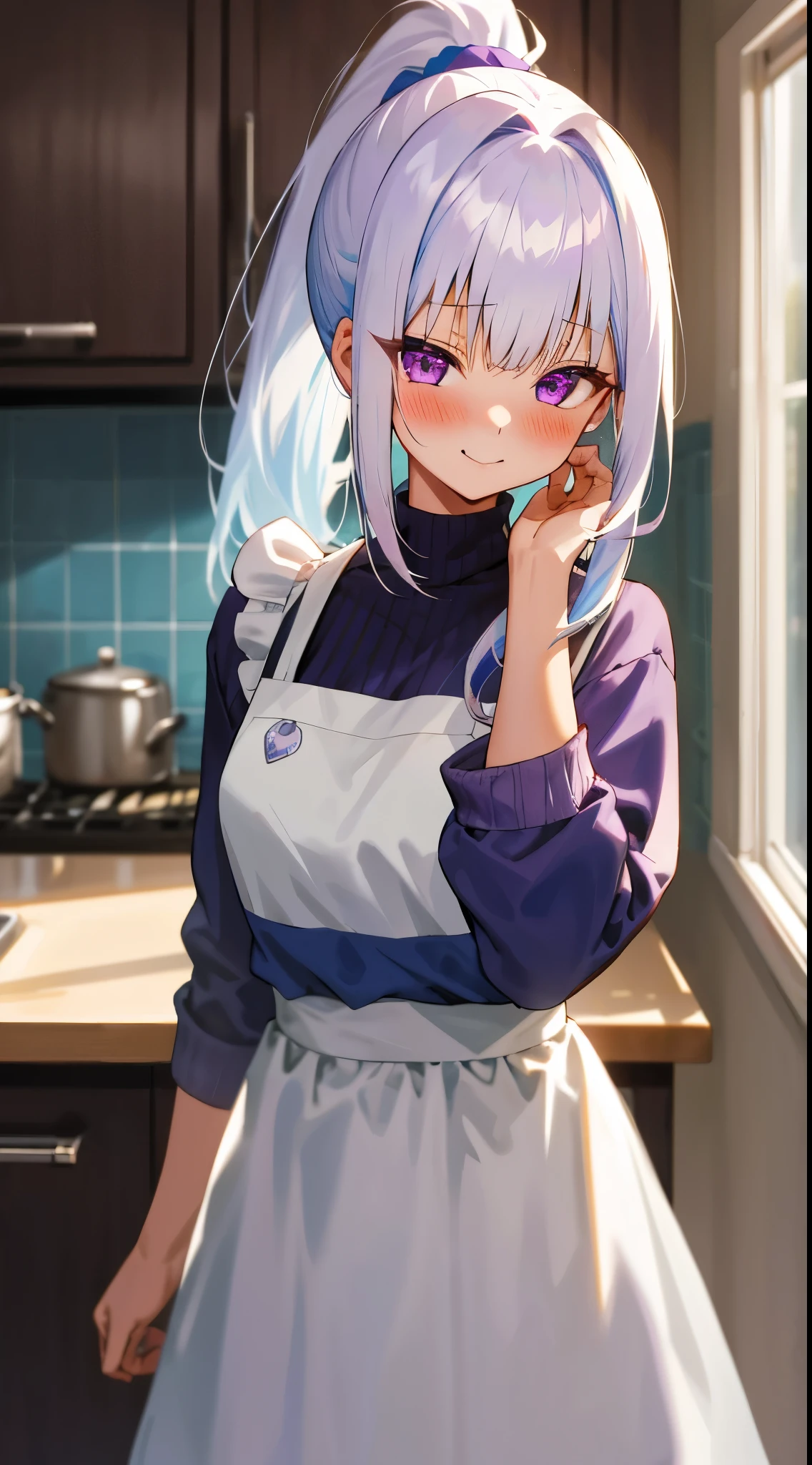 One girl with high ponytail hair, bangs, white hair, blue inner hair:1.25) , purple eyes, looking at viewer, blushing, little smile, indoor, kitchen, sweaters, apron, standing, mid-chest, day atmosphere, hair ornament, medium breasts, upper body, focus, blurry background, fixing hair