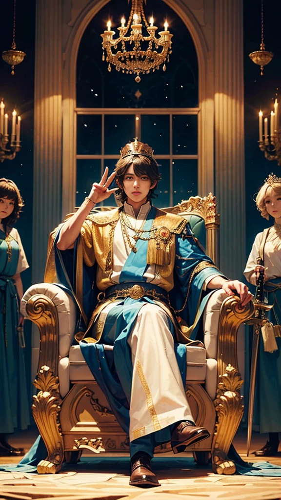((Best quality)) a king sitting on throne holding a long sword in his one of his hand , background with window and royalstic thing, wearing crown, royalistic cloth,
