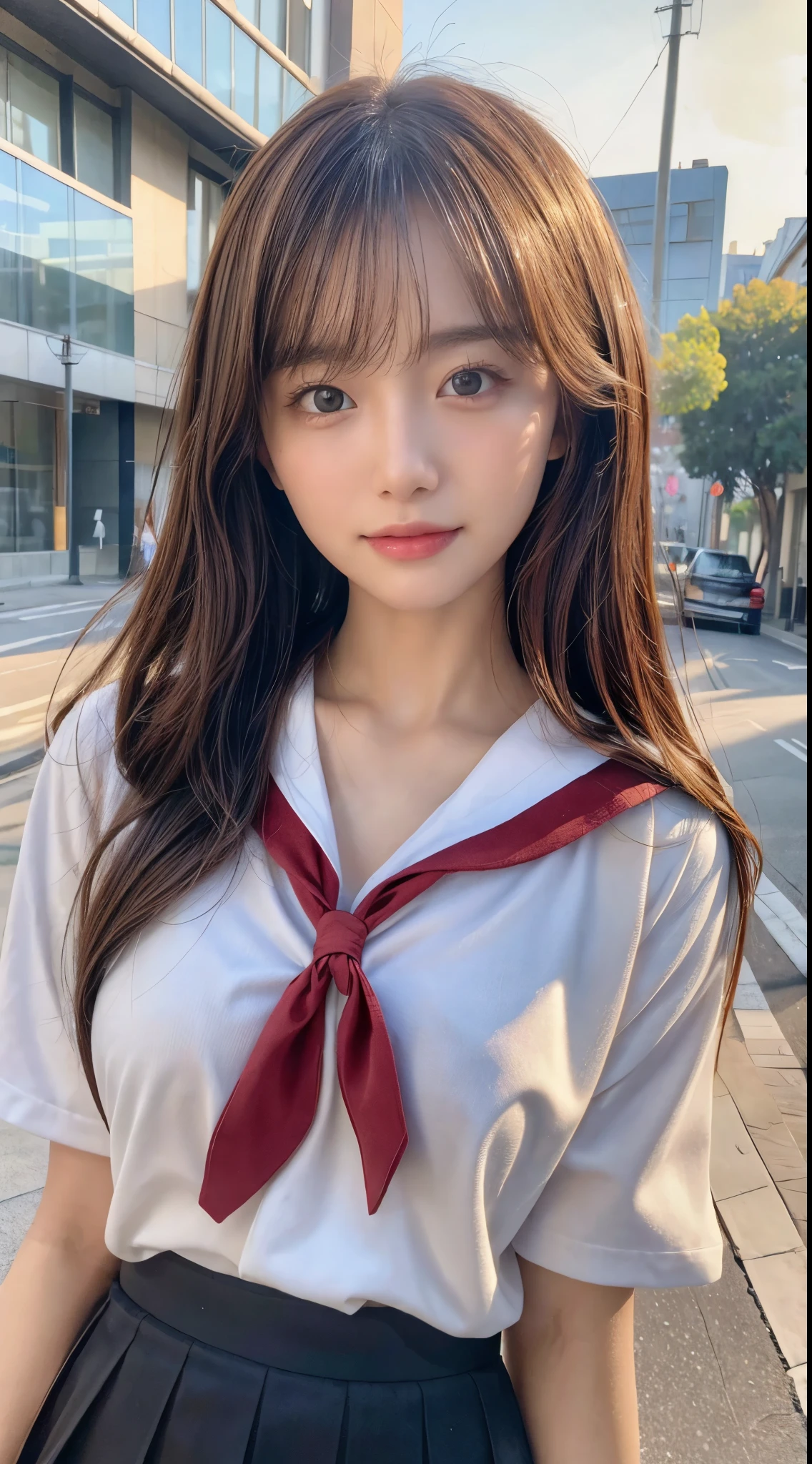 (8k,masterpiece, RAW photo,best quality:1.4),(photo realistic:1.2),(extremely detailed face),(shiny skin),(detailed skin),(detailed face),(extremely beautiful face),1girl,looking at viewer,Japanese idle(actress), brown hair,medium hair,straight hair,asymmetrical bangs,smile,glamor,large breasts, (school uniform, sailor suit:1.2), street ,high position,natural lighti
