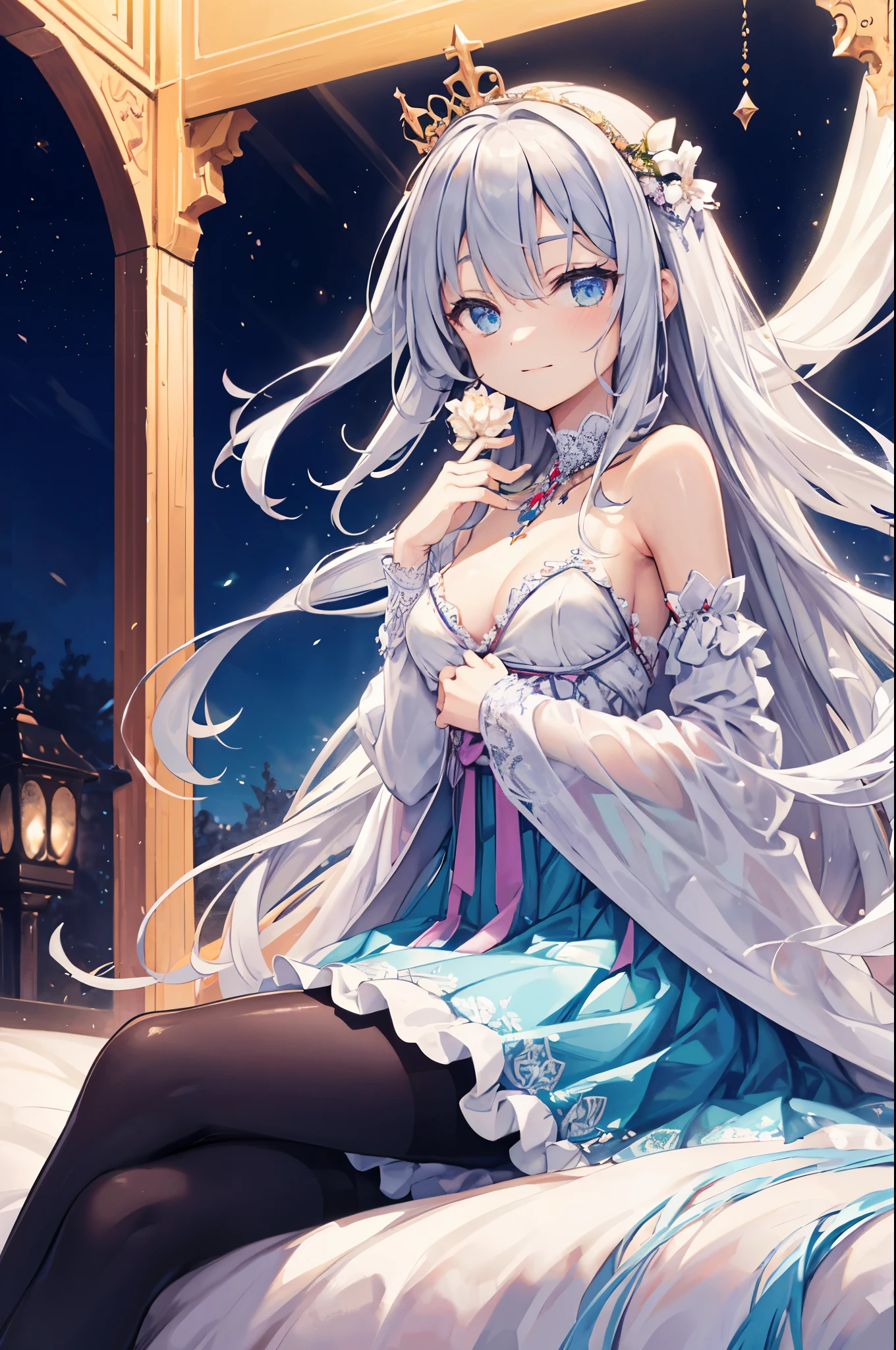 NSFW,cross one's legs,(Best Quality,4K,8K,hight resolution,masutepiece:1.2),Ultra-detailed,Beautiful Girl,Enchanted,Enchanting,cheerfulness,divine,magical effect,silver white hair,e Blue Eyes,pale pink wedding dresses,Bride's crown,small amount of sky blue cloth,Sophisticated clothing,detailed lace,Delicate frills,Bedroom,solo person,during night,lacepantyhose,sacred stripes,Transparent costume,jewel decorations