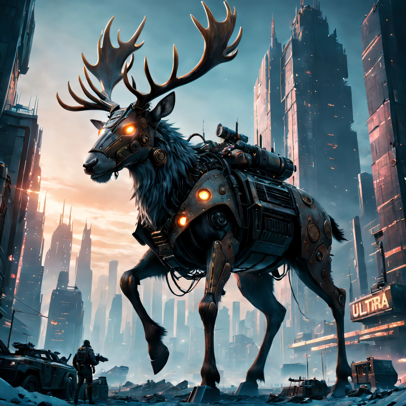 battlefiled, futuristic armor, Christmas Mechanical Reindeer, Dystopian cityscape,neonlight, dynamic action, dark and gritty, steampunc, Sinister atmosphere, explosive energy, epic scale, vivd colour, Detailed texture, Complex machinery, Laser weapon, High-tech products, War-torn landscape, towering skyscrapers, postapocalyptic vibes. (Best quality at best, ultra - detailed, actual:1.37), HDR lighting