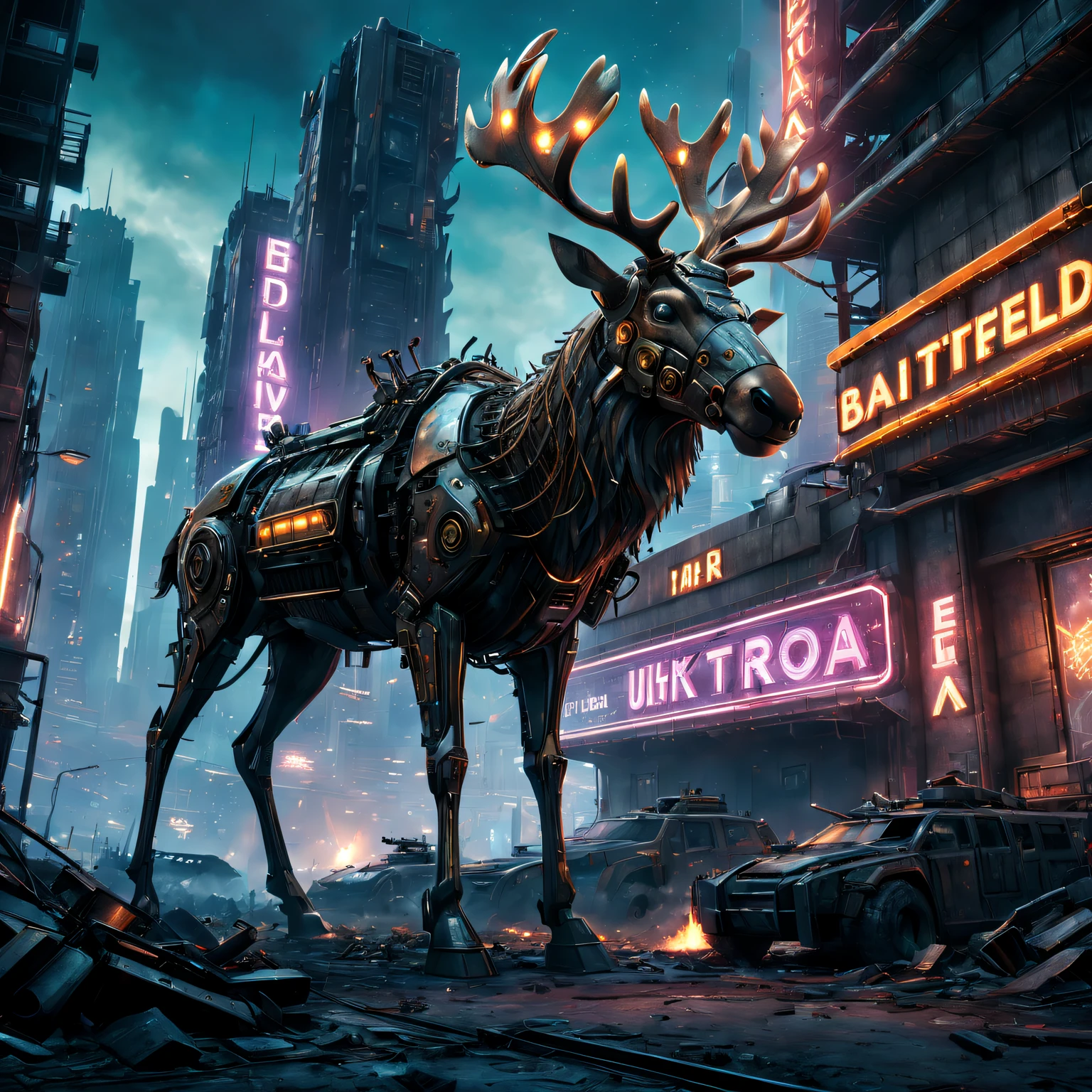 battlefiled, futuristic armor, Christmas Mechanical Reindeer, Dystopian cityscape,neonlight, dynamic action, dark and gritty, steampunc, Sinister atmosphere, explosive energy, epic scale, vivd colour, Detailed texture, Complex machinery, Laser weapon, High-tech products, War-torn landscape, towering skyscrapers, postapocalyptic vibes. (Best quality at best, ultra - detailed, actual:1.37), HDR lighting