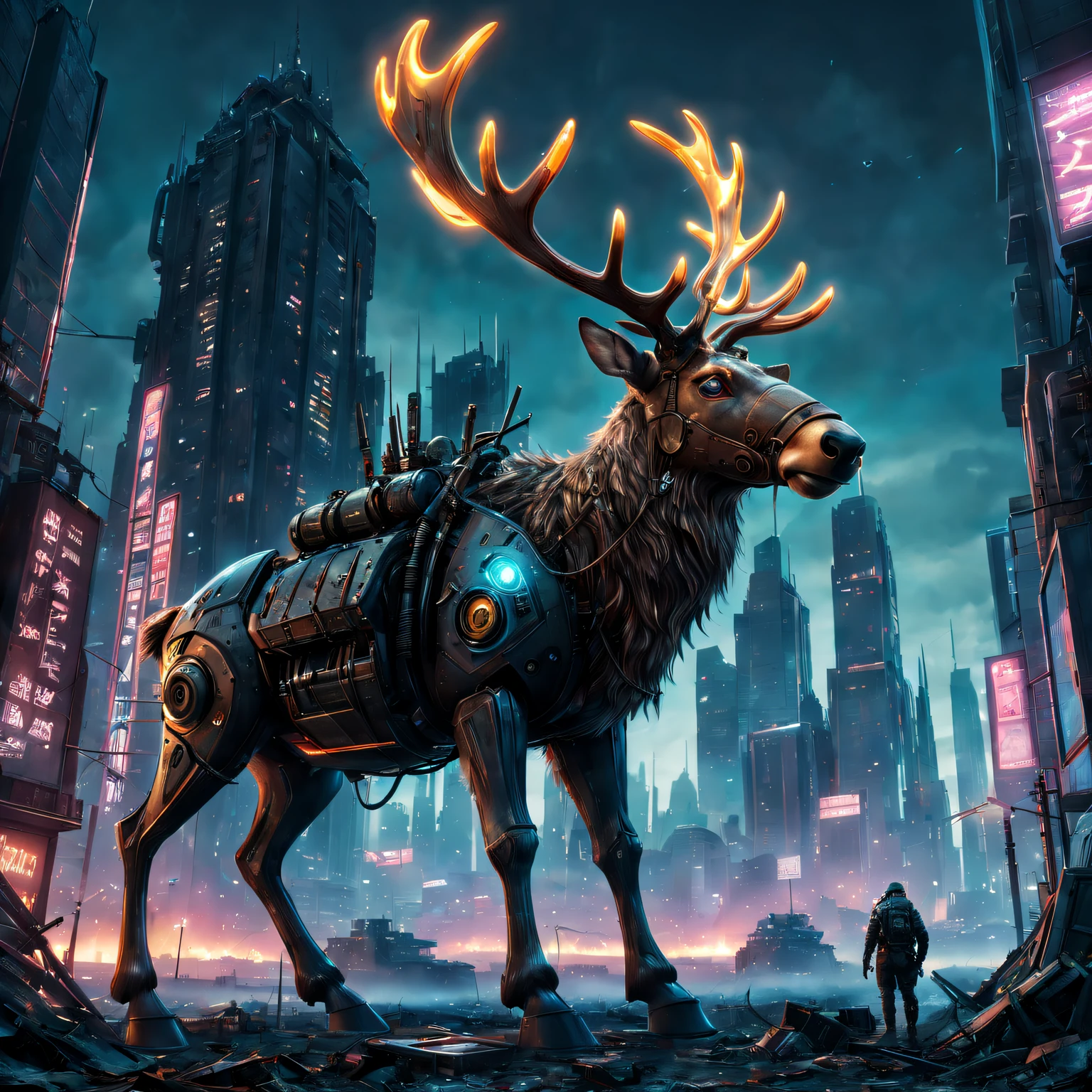 battlefiled, futuristic armor, Christmas Mechanical Reindeer, Dystopian cityscape,neonlight, dynamic action, dark and gritty, steampunc, Sinister atmosphere, explosive energy, epic scale, vivd colour, Detailed texture, Complex machinery, Laser weapon, High-tech products, War-torn landscape, towering skyscrapers, postapocalyptic vibes. (Best quality at best, ultra - detailed, actual:1.37), HDR lighting