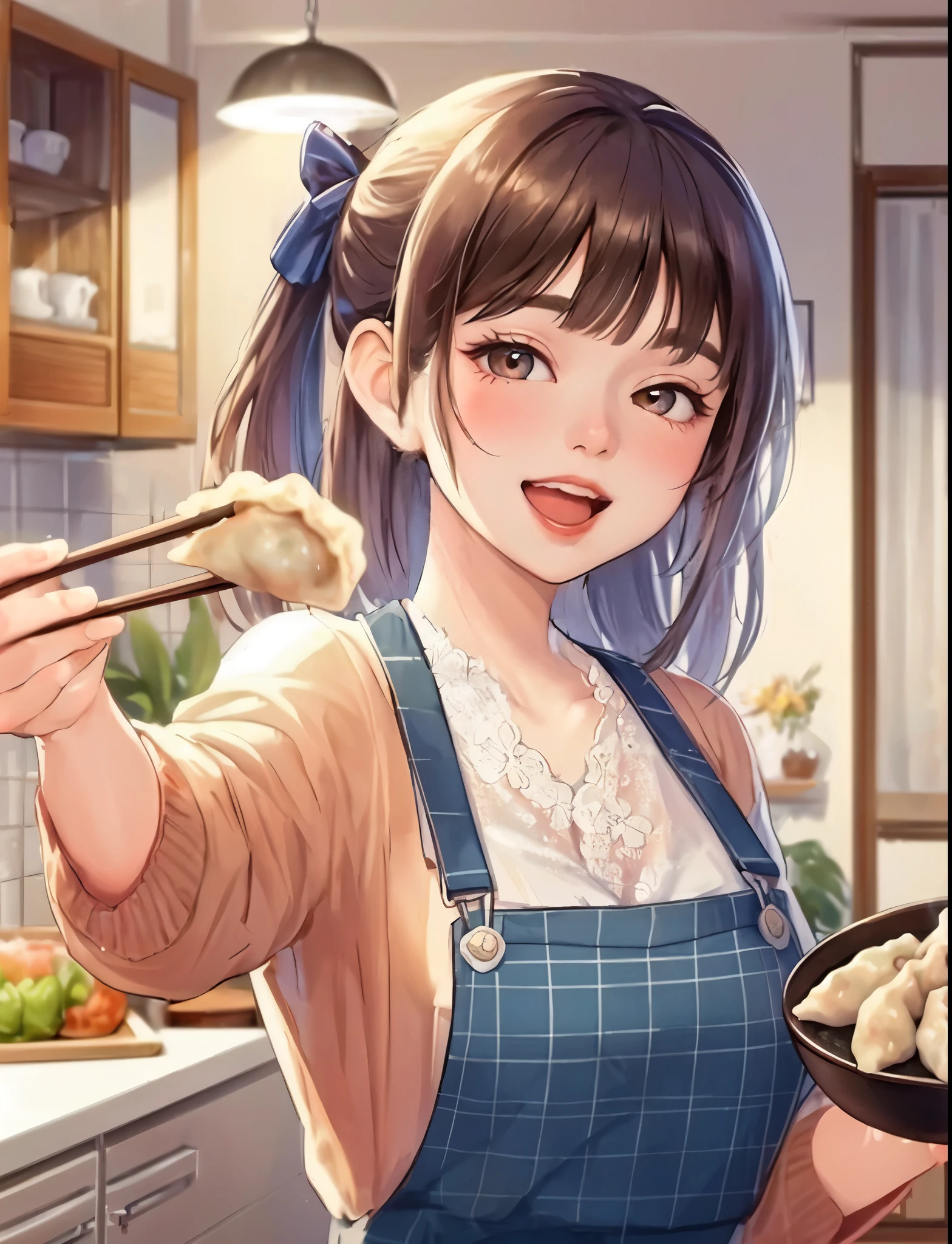 1lady solo, (holding up (gyoza dumplings) with chopsticks:1.2), (presenting dumplings towards viewers), (stylish outfit) apron, mature female, /(dark brown hair/) bangs, blush happy smile (open mouth), (masterpiece best quality:1.2) delicate illustration ultra-detailed, large breasts BREAK (dumplings baked and sizzling) BREAK (modern house living room) indoors