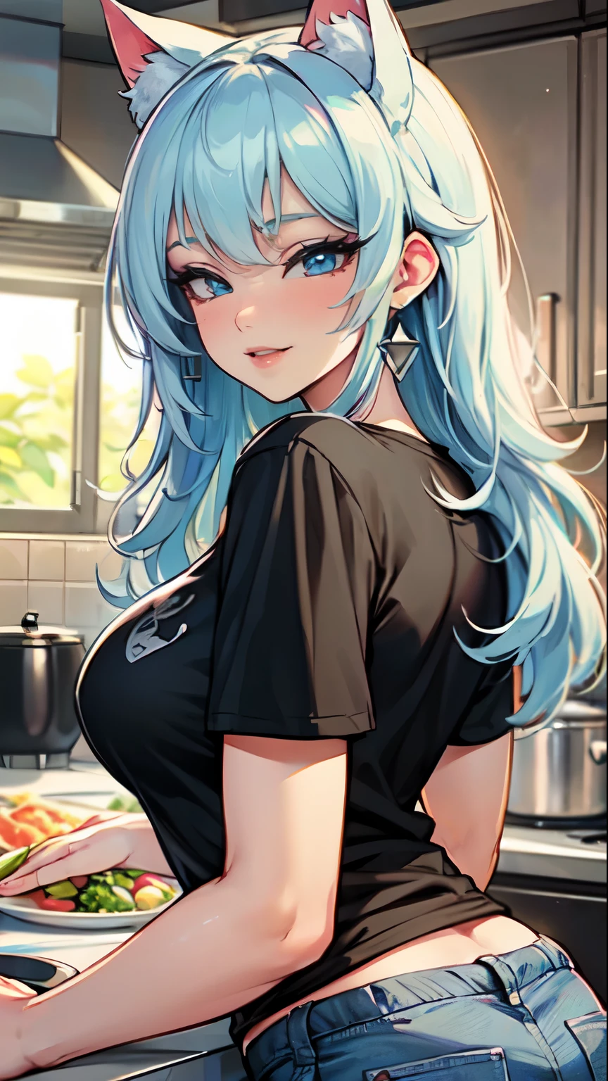 Masterpiece, beautiful art, professional artist, 8k, art style by sciamano240, very detailed face, very detailed hair, 1girl, perfectly drawn body, beautiful face, long hair, light blue hair , very detailed blue vertical cat eyes, pouty lips , rosey cheeks, intricate details in eyes, wearing cozy tshirt, mom jeans, jordans, earrings, wearing a wedding ring, in love with the viewer expression, smiling , in the kitchen preparing a meal, hands on counter, close up on face,