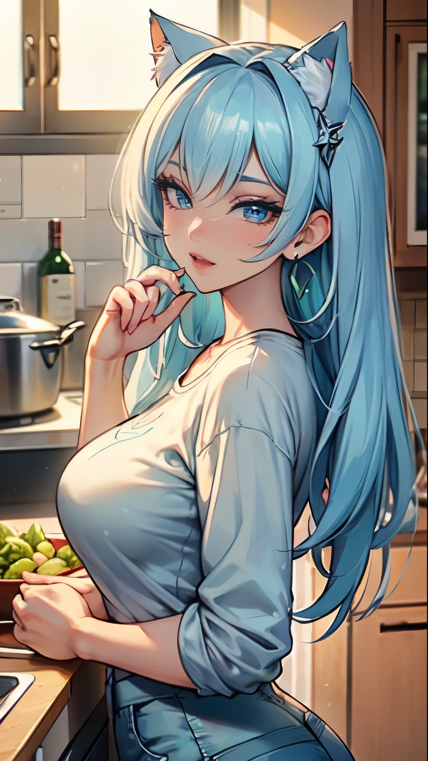 1girl,  long shoulder-length hair,  light blue hair, kitchen apron, nude, boobs, tits, thighs, smiling, happy,  blush, looking back, kitchen, glowing, sidelighting, wallpaper