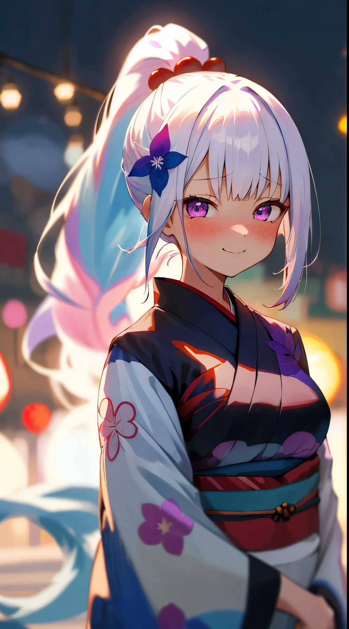 One girl with high ponytail hair, bangs, white hair, blue inner hair:1.25) , purple eyes, looking at viewer, blushing, little smile, tears, kimono, flower pattern, dating, festival, firework, apple candy, dizzy, mid-chest, night atmosphere, hair ornament, medium breasts, upper body, focus, blurry background