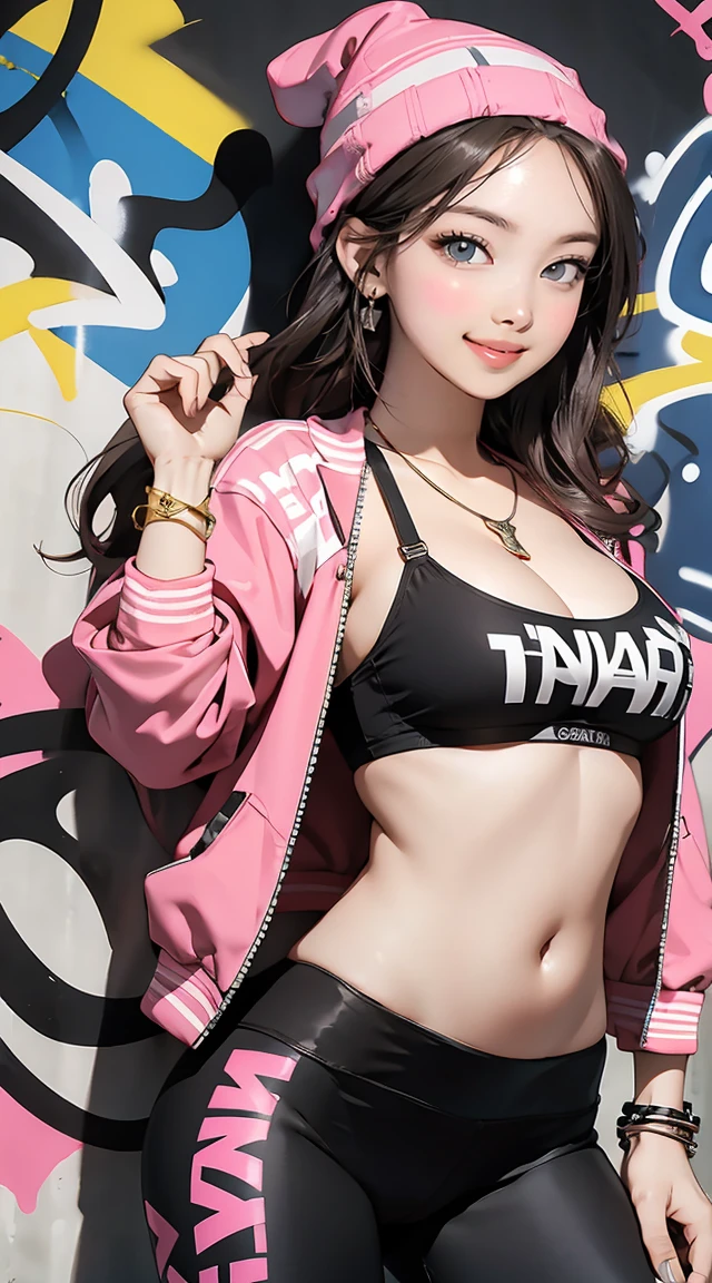 (masterpiece, best quality), nice figure, big breasts, wavy hair, bracelet, necklace, (graffiti wall:1.15), beanie, printed bikini top, jacket, leggings