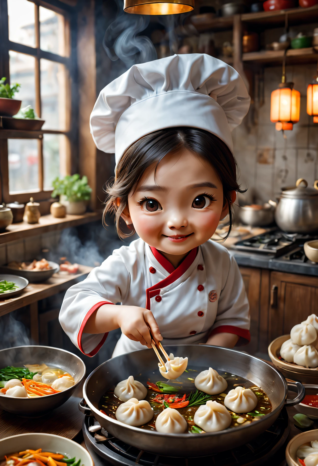 (Best quality at best,4K,8K,A high resolution,tmasterpiece:1.2),ultra - detailed,(actual,photoactual,photo-actual:1.37),cute big breasts,cute big breasts,Detailed dumpling characters,Expressive eyes,delicate lips,Plump and fluffy body,Unique facial expressions,Fine and smooth texture,Hot kitchen,Lively atmosphere,Shiny stainless steel cookware,Aroma of cooking oils and spices,sizzling frying sound,Soft golden light pours in from the window,Naughty and mischievous smile,Steam rises from the pot,Verdure,Flesh,and condiments carefully prepared on the countertop,extremely colorful、fresh ingredients,Various cooking utensils,Such as knives and cutting boards,Traditional Chinese kitchen utensils displayed on shelves,Authentic Chinese cuisine,Exquisite dim sum skills,Skillful hands dumplings,Art plating,Seasonings and herbs arranged in beautiful patterns,vibrant colors of the Verdure,A balanced combination of flavors,Attention to detail in every step of the cooking process,Traditional Chinese wok,Sparks fly when the dumplings are fried,cooked dumplings,Crispy on the bottom,The filling is juicy,cozy table setting,Perfect for a feast with family and friends,The air is filled with good conversation and laughter,Memories of happy gatherings and shared meals,A fascinating fusion of food and culture that transcends borders.