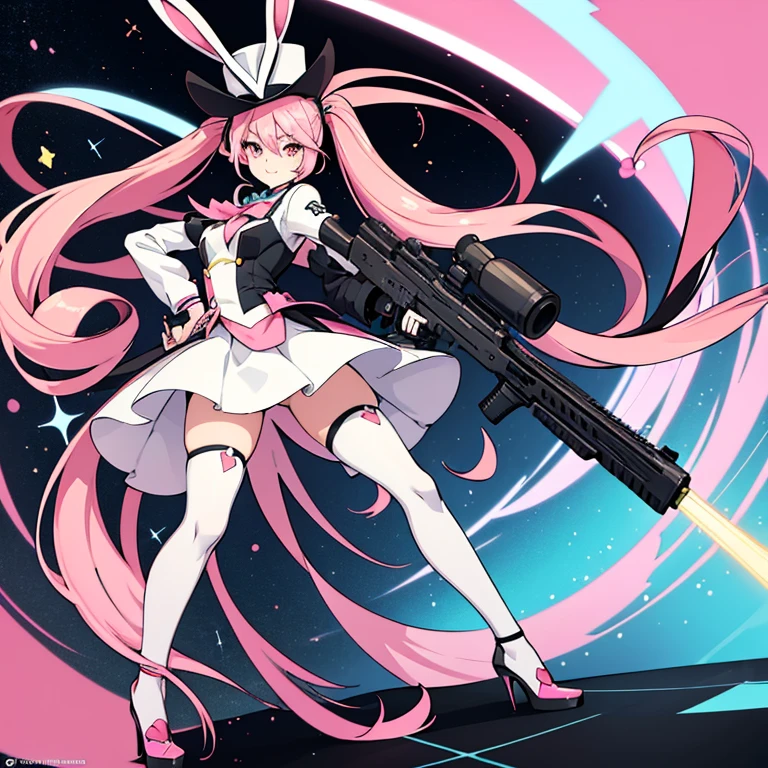 Blue Archive art style, an anime girl, long pink hair, white and black bunny girl suit, holding a hat with one hand and a yellow-black colored machine gun in the other, black high heels, pink eyes, sparkling eyes, cheerful personality, twintail,