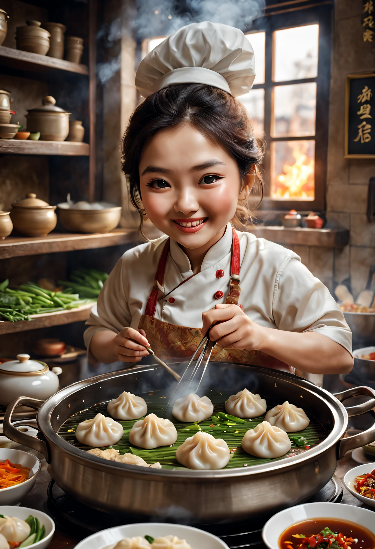 (Best quality at best,4K,8K,A high resolution,tmasterpiece:1.2),ultra - detailed,(actual,photoactual,photo-actual:1.37),cute big breasts,cute big breasts,Detailed dumpling characters,Expressive eyes,delicate lips,Plump and fluffy body,Unique facial expressions,Fine and smooth texture,Hot kitchen,Lively atmosphere,Shiny stainless steel cookware,Aroma of cooking oils and spices,sizzling frying sound,Soft golden light pours in from the window,Naughty and mischievous smile,Steam rises from the pot,Verdure,Flesh,and condiments carefully prepared on the countertop,extremely colorful、fresh ingredients,Various cooking utensils，Such as knives and cutting boards,Traditional Chinese kitchen utensils displayed on shelves,Authentic Chinese cuisine,Exquisite dim sum skills,Skillful hands  dumplings,Art plating,Seasonings and herbs arranged in beautiful patterns,vibrant colors of the Verdure,A balanced combination of flavors,Attention to detail in every step of the cooking process,Traditional Chinese wok,Sparks fly when the dumplings are fried,cooked dumplings，Crispy on the bottom，The filling is juicy,cozy table setting，Perfect for a feast with family and friends,The air is filled with good conversation and laughter,Memories of happy gatherings and shared meals,A fascinating fusion of food and culture that transcends borders.