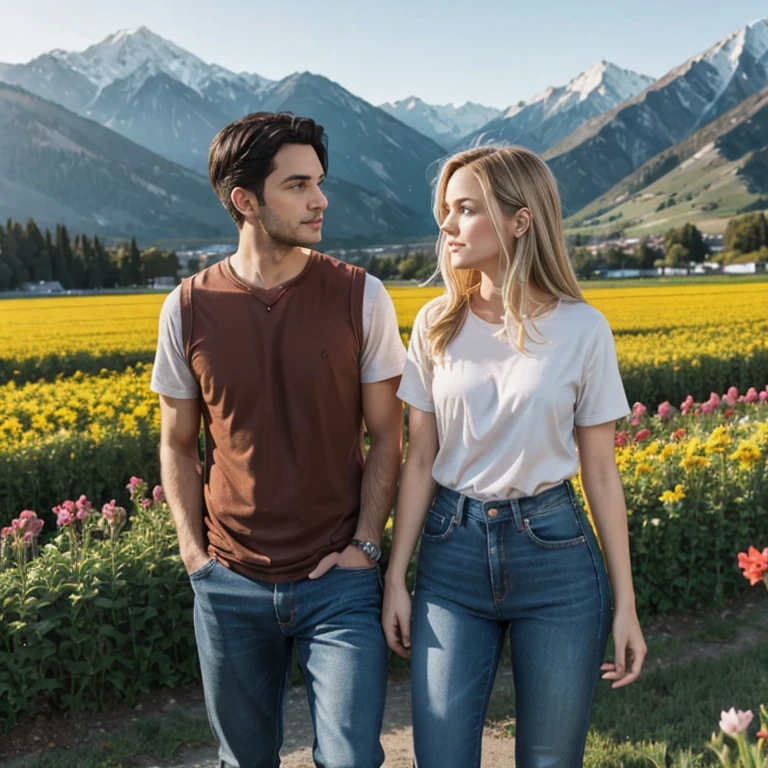 A man and a woman chatting in the flower field. backgroud: mountains and city light at dusk. Man: serious face, black hair and brown eyes, wearing jeans casual clothes. Woman: blond hair, blue eyes, worker clothes, pretty face.