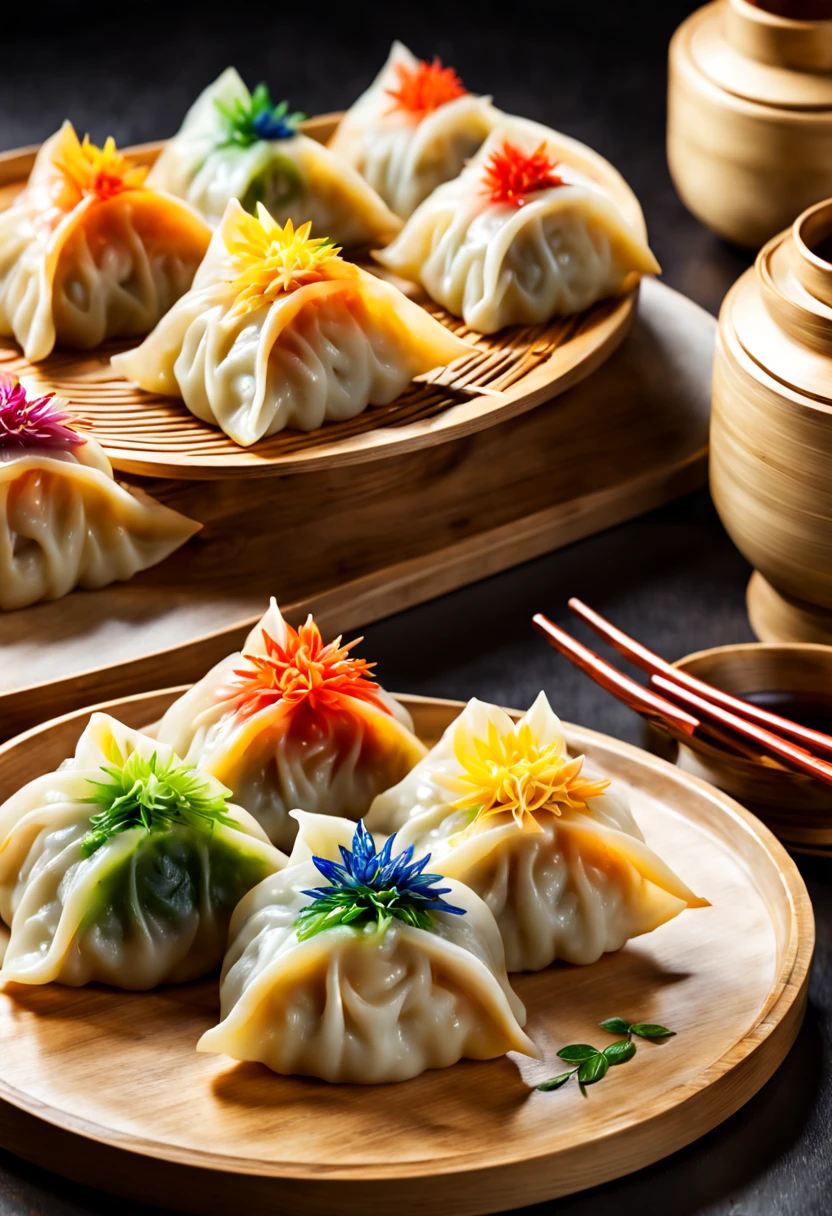 Make dragon-shaped gyoza:A dragon seen from the side is breathing fire,artistic dumplings,beautiful lighting,Thin and  gyoza skin,The layered skin expresses the scales of a dragon.,delicately and boldly,Meals served to royalty,How wonderful,​masterpiece