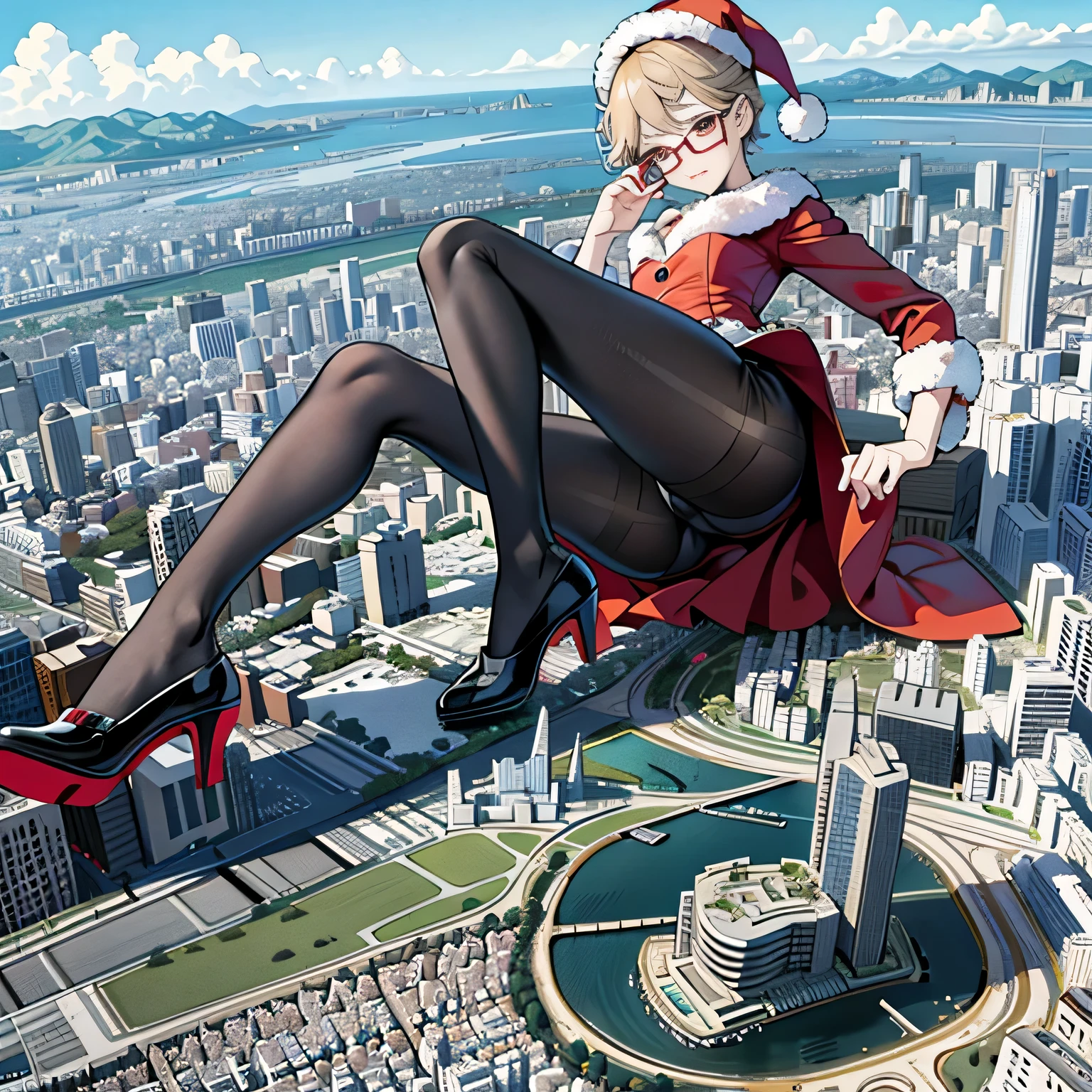 Multiple girls, der riese art, 非常に詳細なder rieseショット, der riese, Shorthair, Giant woman bigger than a skyscraper, Wearing rimless glasses, Colossal tits, Big ass, Red Santa Dresses, Black pantyhose, Her shoes are high heels and stiletto red sandals., very small metropolis, Trying to destroy a miniature metropolis, Full body depiction, nffsw, giga der riese, der riese, Black pantyhose, Stomping City,crash city,Small town,micro city,