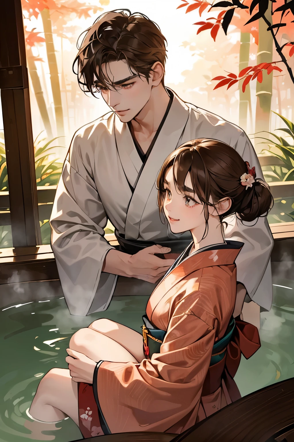 a beautiful nude japanese man and woman splashing each other at a traditional onsen at night, flowing stone fountain, steam, sweaty,