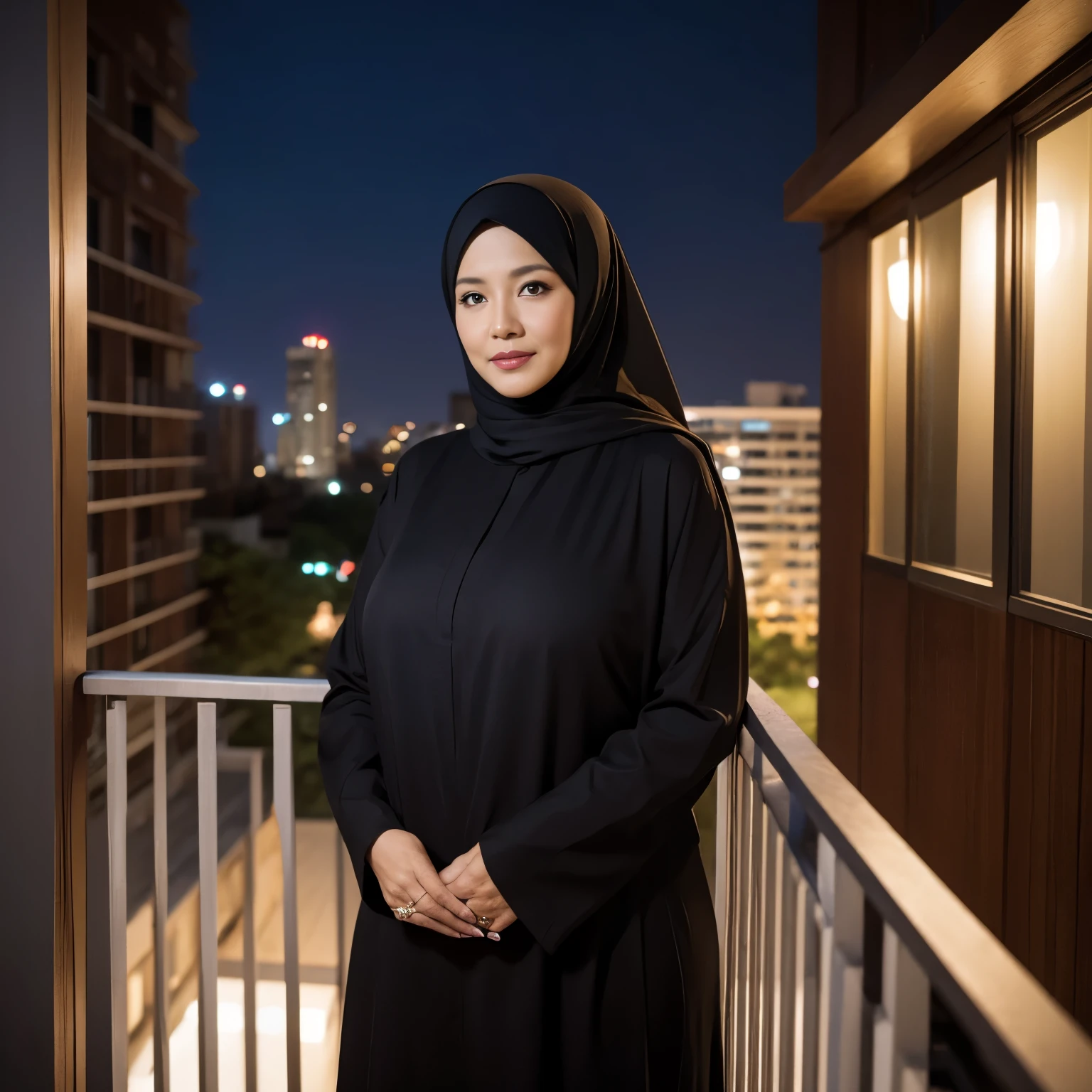 Wanda Hamidah, 56 years Old, Hijab Malaysian mature woman, Saggy Large Mature Tits : 96.9, Burqa, Tight Burqa, Perfect , Breast about To burst out, at Apartment balcony, Dark light, at Night Time