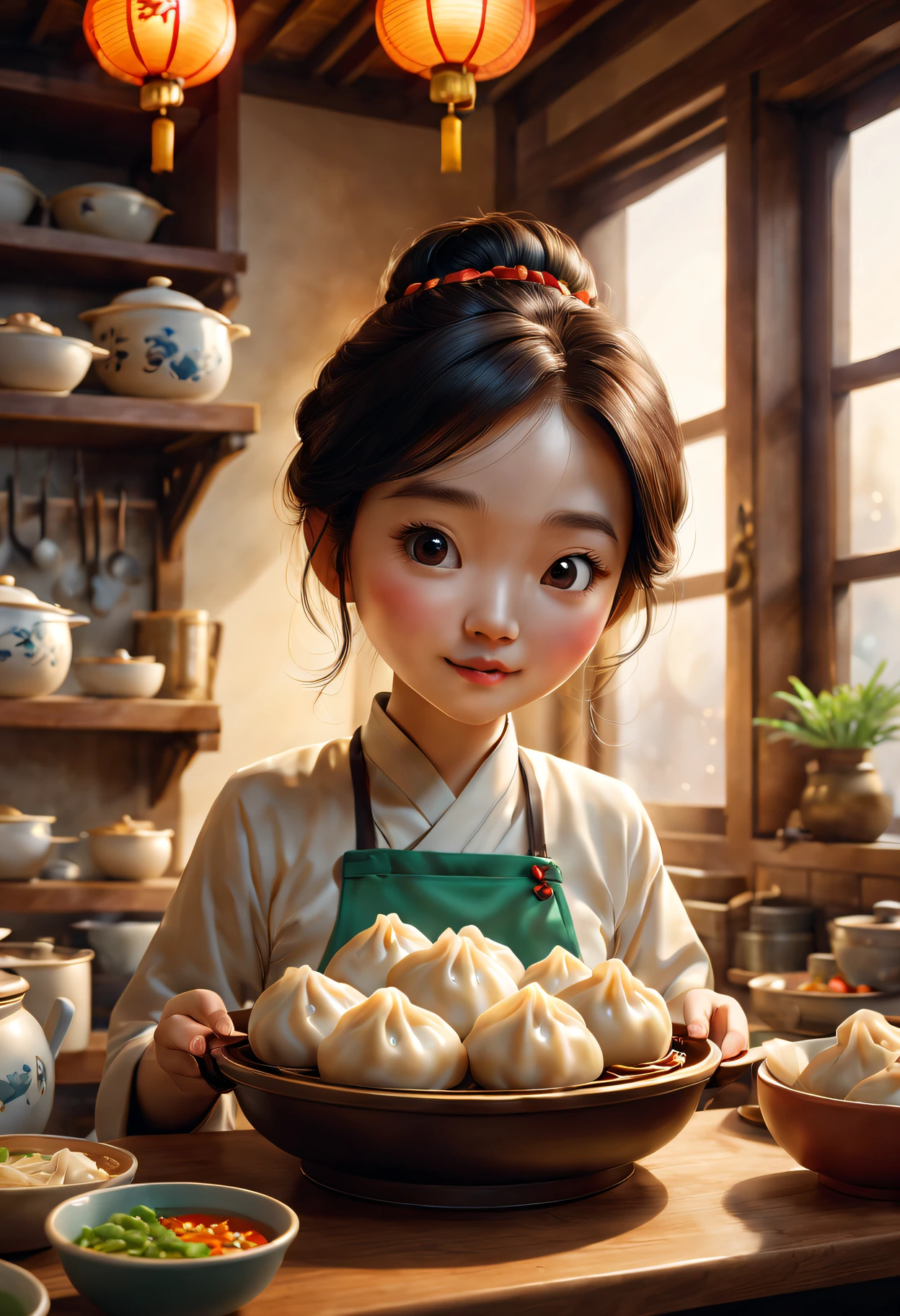 (Best quality at best, 3D, ultradetailed, physically-based renderingt) at the kitchen, Cute dumplings in Pixar style, rich colourful, Vivid expressions, Naughty yet friendly personality, Delicate and realistic textures, Dynamic and charming pose, Traditional Chinese kitchen utensils displayed on shelves, Soft golden light pours from the windows, Image quality is critical, Ensure the final product has the highest resolution and realism. The work combines traditional Chinese painting elements with modern digital art technology, Developed a unique and charming style. The color palette is rich and vibrant, Warm and cold tones harmoniously blend together. The lighting in the scene highlights the beauty of the dumpling characters, Cast subtle shadows and highlights, Enhance stereoscopic effect.