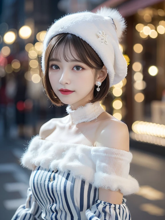 (White theme:1.3), (white fluffy nightcap:1.3), (white fluffy striped dress, Off-shoulder, puff sleeves:1.5), (white flower choker), (earrings with Snowflake motif), BREAK (yuki:1.5), Starry Night, winter sky, Snowflake, (Bokeh:0.9), Blurry,Short Bob Cut Hair,