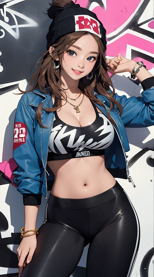 (masterpiece, best quality), nice figure, big breasts, wavy hair, bracelet, necklace, (graffiti wall:1.15), beanie, printed bikini top, jacket, leggings