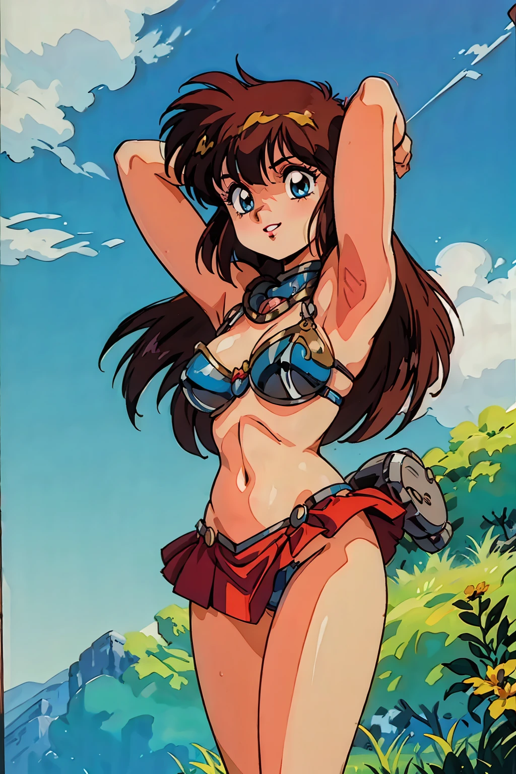 "(masterpiece:1.1), best quality,
1girl, (traditional media 80s:1.4), (eyelashes:1.5), (:1.2),
(intricate high detailed body:1.2),
(brown hair:1.1), (bangs:1.1), (bob cut:1.1), (hair ornament:1.1),
blue eyes, (red lip stick:1.2),
(gigantic breasts:1.1),
(grin:1.2),
(bikini armor, mini skirt:1.2), (knight armor, armored boots:1.2),
(streaked hair:1.2), gauntlets,
standing, (dynamic pose, action pose, arms behind head:1.2),
(upper body, cowboy shot, looking at viewer:1.1),
(daytime, grassland, outdoors:1.1)"