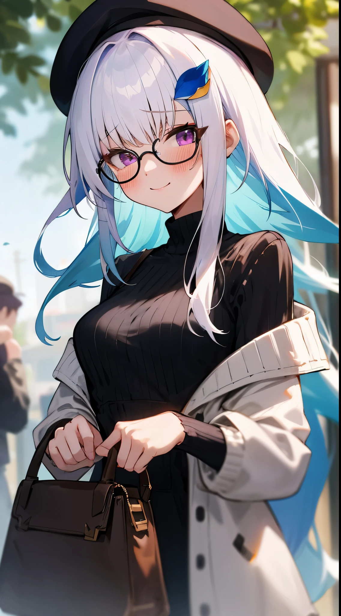 One girl with long hair, bangs, white hair, blue inner hair:1.25) , purple eyes, looking at viewer, blushing, little smile, tears, sweaters, beret, glasses, outdoor, bag, dating, standing, table, dizzy, mid-chest, day atmosphere, hair ornament, medium breasts, upper body, focus, blurry background