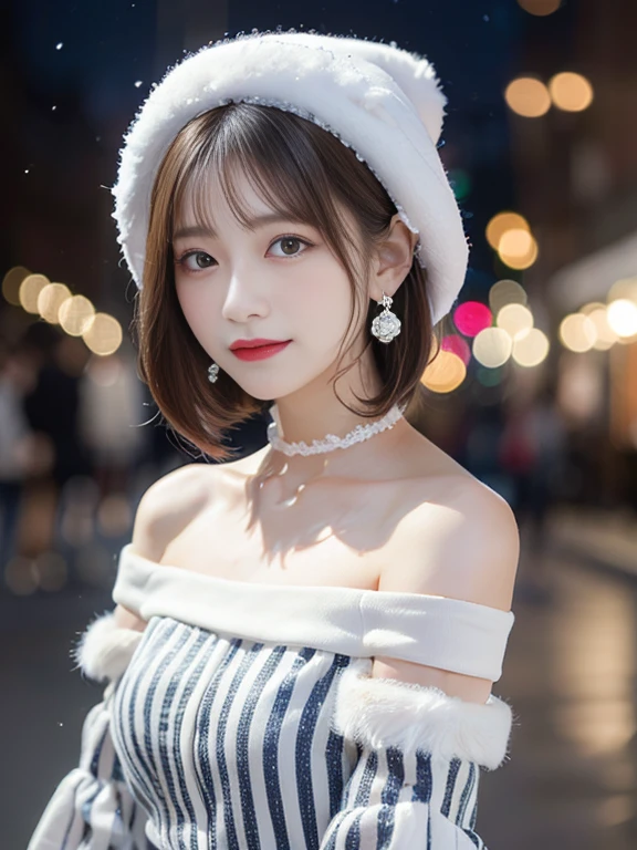 (White theme:1.3), (white fluffy nightcap:1.3), (white fluffy striped dress, Off-shoulder, puff sleeves:1.5), (white flower choker), (earrings with Snowflake motif), BREAK (yuki:1.5), Starry Night, winter sky, Snowflake, (Bokeh:0.9), Blurry,Short Bob Cut Hair,