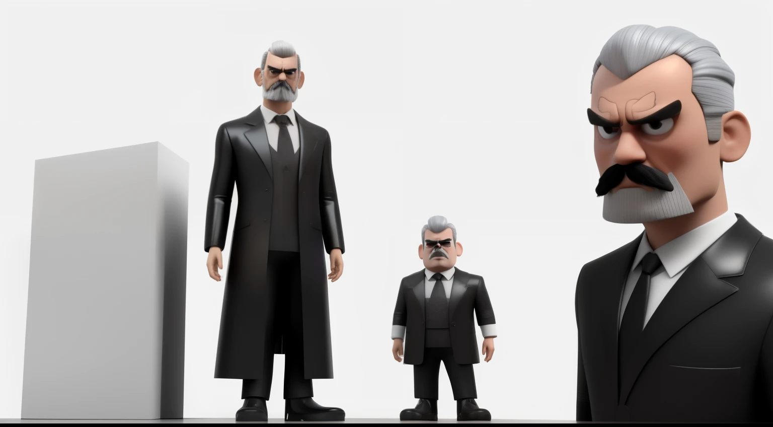 Create a 3d character inside a dark grey lab coat, (Pixar style: 1.25), an evil human male scientist, wearing black high boots, full figure pose, mid-50s age, tan skin body color, full front figure, side angle figure, old guy, 3D animation style, (((consistent character))), (((Malaysia looks face))), angry face, villain, concept art, ((( White background))), grumpy face, with a mustache, a villain character
