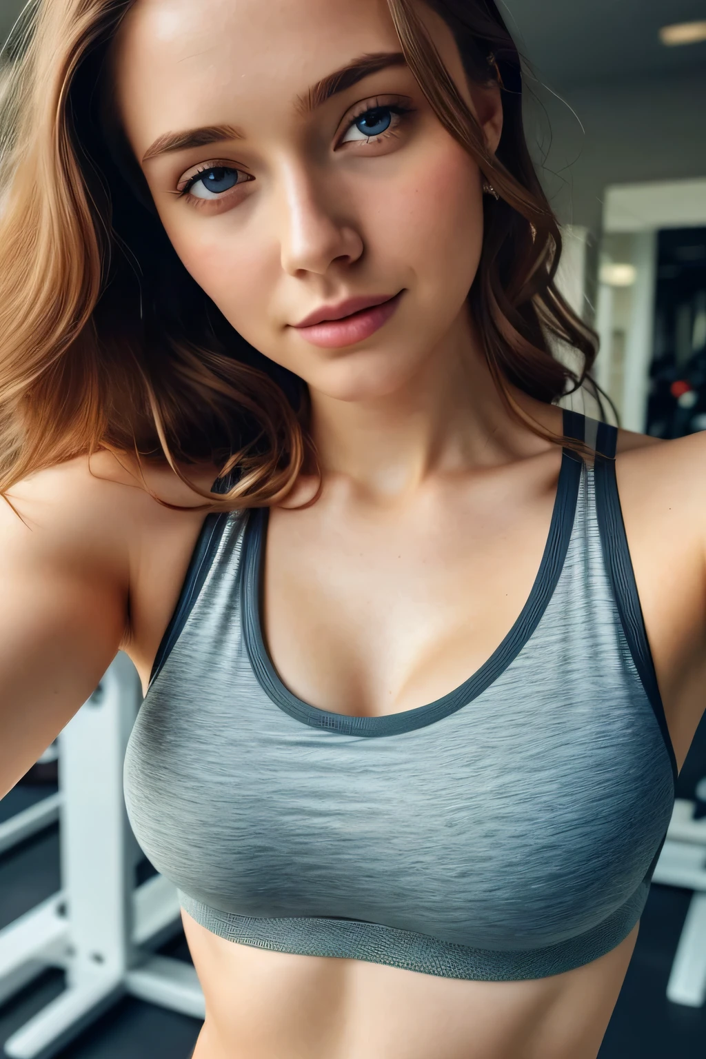 1girl in, age19, Solo, Aesthetic artwork, irish, wavy ginger hair, shoulder length hair, gray eyes, light grey eyes, pale skin, A-cup, small breasts, runners body, (textured skin, skin pores:1.1), goosebumps, taking a close-up selfie photo while at the gym wearing a wet trainingbra, see-through trainingbra, ((nipples poking through)), nipples visible through trainingbra, seductive, sexy photo, , long legs, small nipples, (extremely detailed 8k wallpaper), soft lighting, high quality, film grain, Fujifilm XT3 sharp focus, f 5.6, 50mm, High Detail, Sharp focus,(natural light), crazy details, complex details, hyperdetailed, close-up, hands hidden, nipples poking through