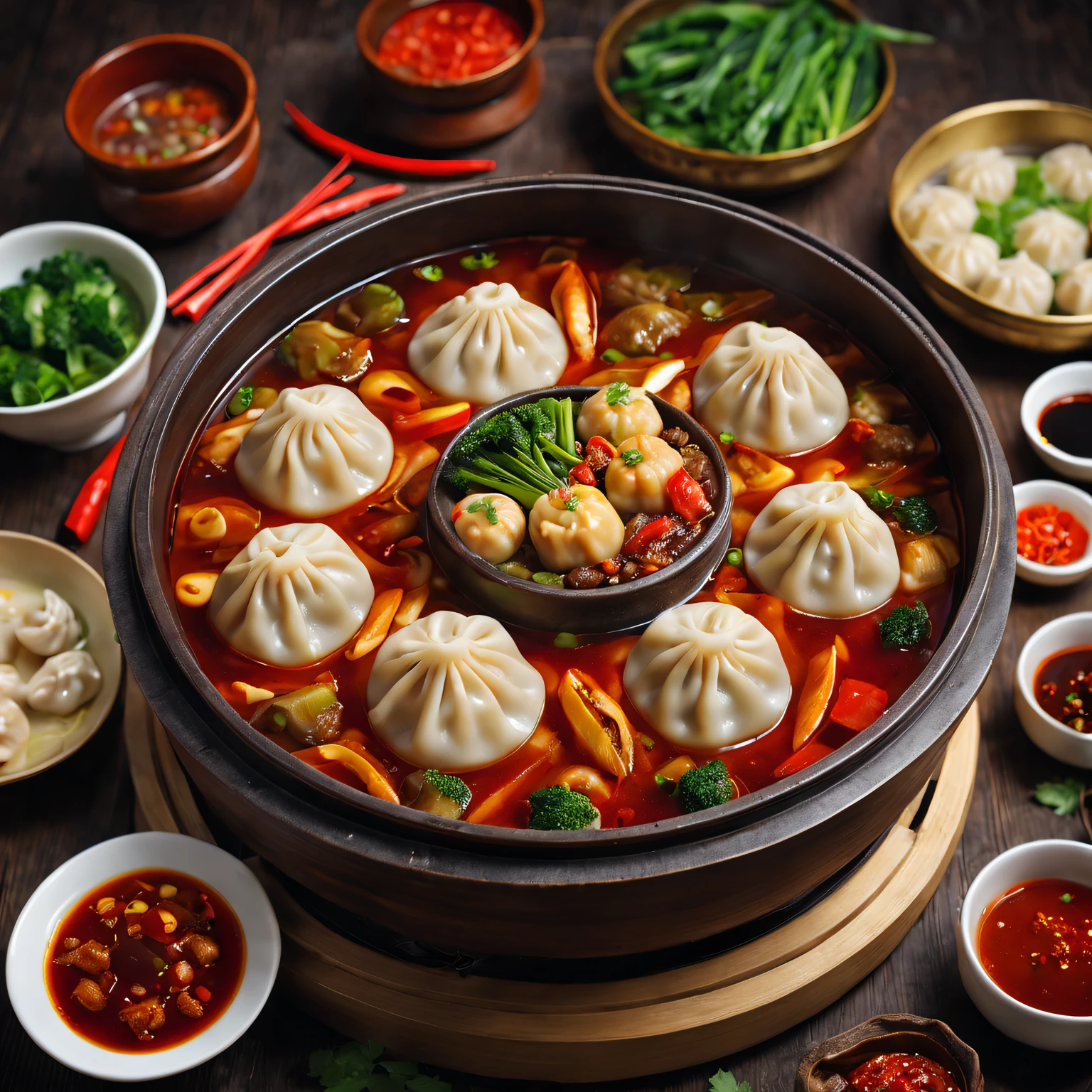 Best quality at best,actual,ultra-Detailed pubic hair,A high resolution,(Chinese Dumpling Hot Pot,traditional,Detailed pubic hair:1.1),vivd colour,Studio lighting,sportrait,bokeh,Excellent food,Carefully crafted condiments,Piping hot,Assorted dumplings,Rich broth,Fresh ingredients,Abundant vegetables,Spicy and delicious,Authentic Chinese cuisine,enticing aroma,Mouth-watering demo,traditional red and gold decor,Lively dining atmosphere,Social gatherings,Exquisite gastronomic experience,a pleasant meal,enjoy together,Unforgettable moments