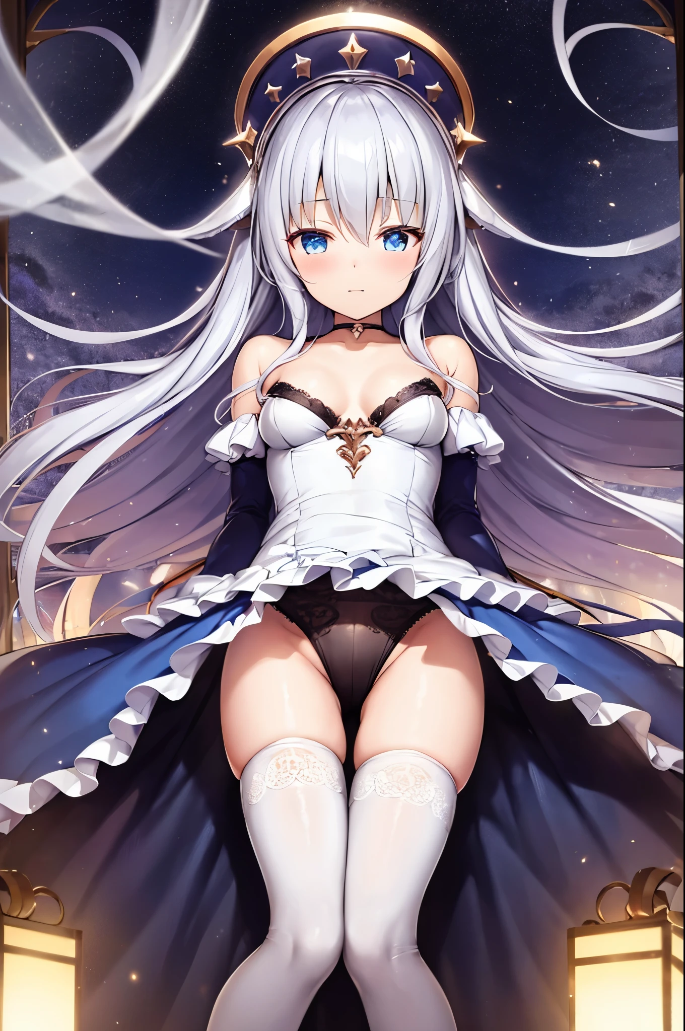 NSFW,cross one's legs,(Best Quality,4K,8K,hight resolution,masutepiece:1.2),Ultra-detailed,Beautiful Girl,Enchanted,Enchanting,cheerfulness,divine,magical effect,silver white hair,e Blue Eyes,pale pink wedding dresses,Bride's crown,small amount of sky blue cloth,Sophisticated clothing,detailed lace,Delicate frills,Bedroom,solo person,during night,lacepantyhose,sacred stripes,Transparent costume,jewel decorations
