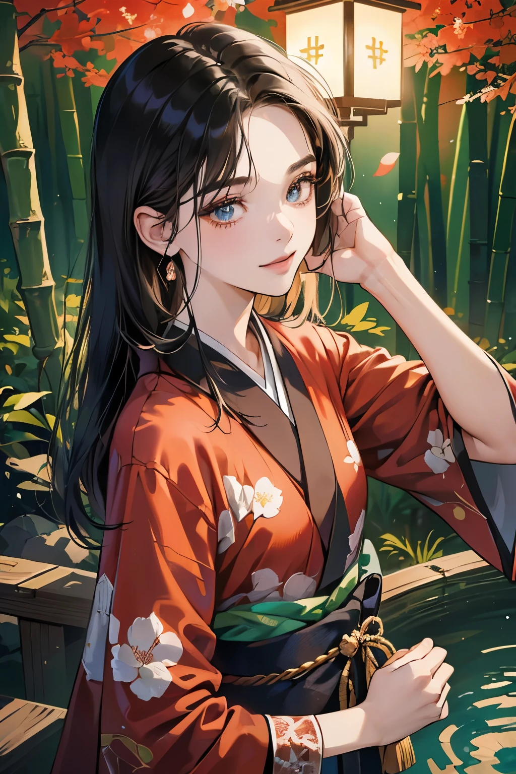 (masutepiece, Digital Art, Digital Illustration, 4K, 8K, Ultra-detailed, beautiful image, Sharp Image, Photorealistic, Raw photo, Perfect face, Perfect lines, Perfect eyes, Soft lighting) ,1 woman, (Black hair,straight haired,Bullish gaze,Beautie,ellegance,Solid makeup,23 y-o woman,small tits:1.3),スーツ姿のハンサムなember性2人, (ember,ember性はスーツ姿,well-muscled,Firm shoulder width, emberの,Boyish hairstyle,English gentlemanly style,クールな表情の30代ember性,明るい笑顔の28歳ember性:1.2),Show white teeth and smile(embarrassed from,Shy smile:1.1),(Nervous,be shy,sleepy,embarrassed from:1.1),Open your thin mouth,innocent smiles,Looking at the camera,Dating,Japan Traditional Night Kimono,raise arms,Black floral kimono,Hot Spring Ryokan、bamboo forest garden