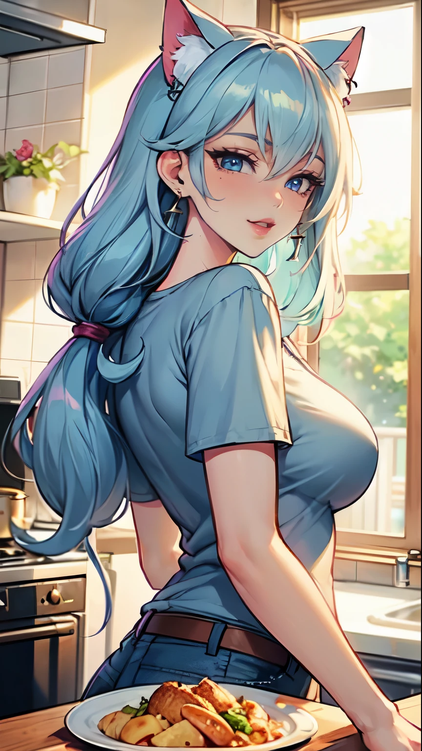 Masterpiece, beautiful art, professional artist, 8k, art style by sciamano240, very detailed face, very detailed hair, 1girl, perfectly drawn body, beautiful face, long hair, light blue hair , very detailed blue vertical cat eyes, pouty lips , rosey cheeks, intricate details in eyes, wearing cozy tshirt, mom jeans, jordans, earrings, wearing a wedding ring, in love with the viewer expression, smiling , in the kitchen preparing a meal, hands on counter, close up on face,