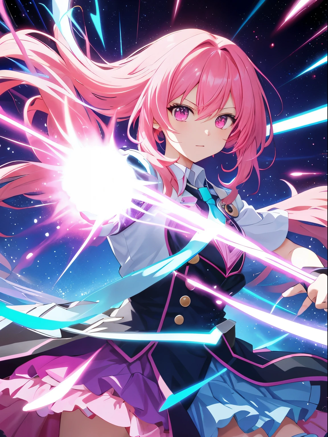 “Create a dynamic and intense anime-style illustration. Depict a girl with vibrant pink hair in mid-action, surrounded by a whirlwind of magical energy. She should be in a dramatic pose, holding a futuristic weapon that radiates a spiral of bright blue energy. Her wild, flowing hair should reflect shades of pink, matching the energy bursts from her weapon. The background should appear as a blur, symbolizing the impact of her attack, with luminous blue and pink streaks representing the chaotic aftermath.”