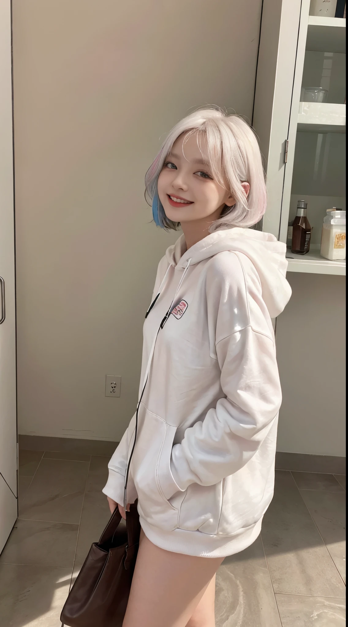 Top image quality、Raw photography、超A high resolution、21-year-old Korean、small tits、Dynamic angles、Cowboy Shots、The most beautiful forms chaos、elegent、Brutalist design、vivd colour、Beautiful white hair、a short bob、laugh、楽しそうにlaugh、smil、shiny white skin、Beautiful eyes with random colors、Very beautiful eyes down to the details、elongated eyes、thin lipss、pale pink blush、long eyeslashes、beautiful double eyelid、eyeshadows、a park、Overall。shot from a side angle、Big Black Hoodie、Leather Boots
