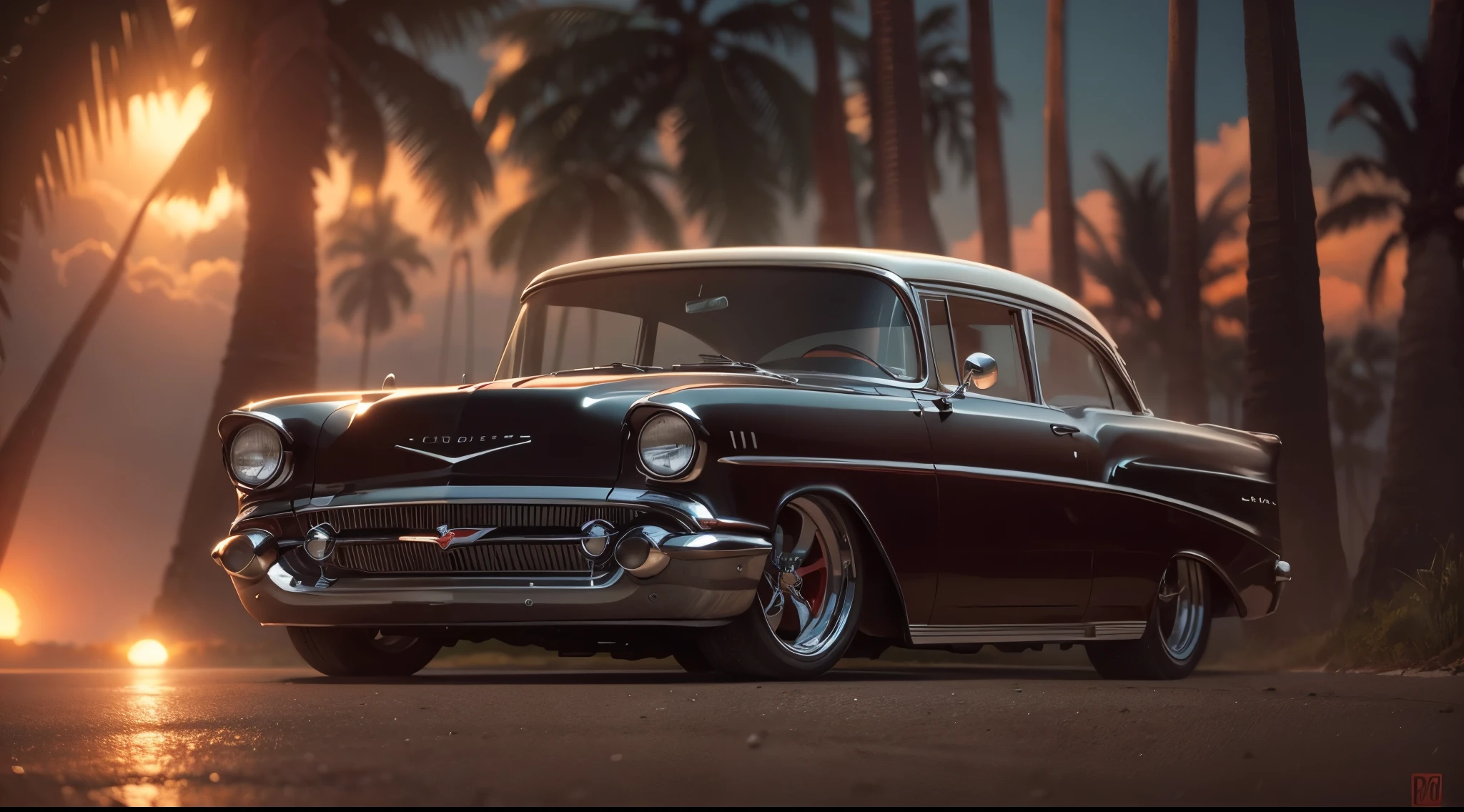 Carro vermelho com detalhes brancos de 57 Chevy e praia, coconut trees and boats and yachts at sunset near Syd Mead