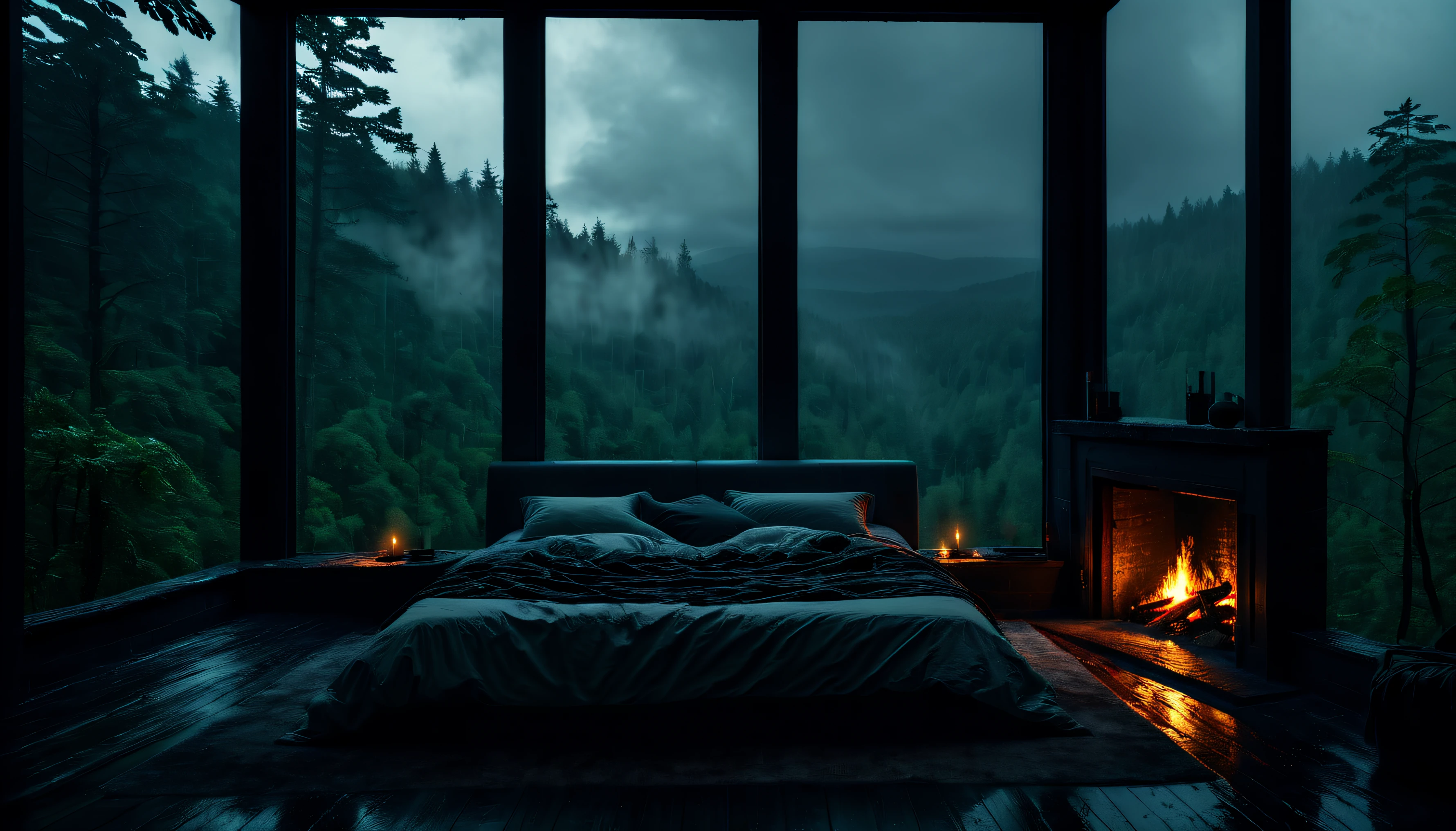 Bedroom view with fire in the fireplace in the room, large windows overlooking the forest, a man deep sleep in the bedquiet night. original image, rainy day. original rendering, rainy night, gloomy cinematic lighting, atmosphere, moody scenes, dramatic lighting. cinematic, cinematic, atmospheric shots, gloomy weather. hyperrealistic, atmospheric rendering, rainy night, huge forest, cinematic, 4k, ultra hd, atmospheric and gritty details, beautiful and cinematic lighting, rainforest