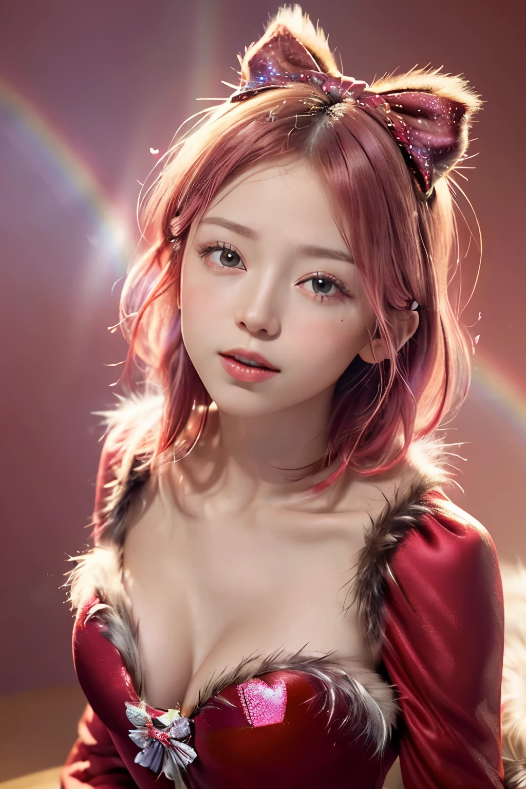 (8K, top-quality, masterpiece:1,2), (reallistic, Photorealsitic:1.37), Super Detail, One girl,), (Highly detailed), (beautifully detailed eyes), (of the highest quality), (super detailed ), (masterpiece), (Detailed face),20yr old, ,1 girl, full body:1.5, pink hair,Very short hair, medium breasts, clothed, Perfect Lighting, pussy and breast focus, looking at viewer, aroused face, naughty face, (((red dress)) adorned with ((faux fur)):1.4), ,(effortlessly chic hairstyle:1.4), break, (immersing in a red world:1.2), (soft, diffused lighting:1.4), (lots of magical sparkles:1.4), (dreamy and whimsical ambiance:1.3), (capturing the essence of an incredibly cute world:1.3), ( red magic in the air:1.2), (multi-colored pastel sky:1.2), (charmingly decorated with rainbows:1.4), (decorated with hearts and bows:1.4),